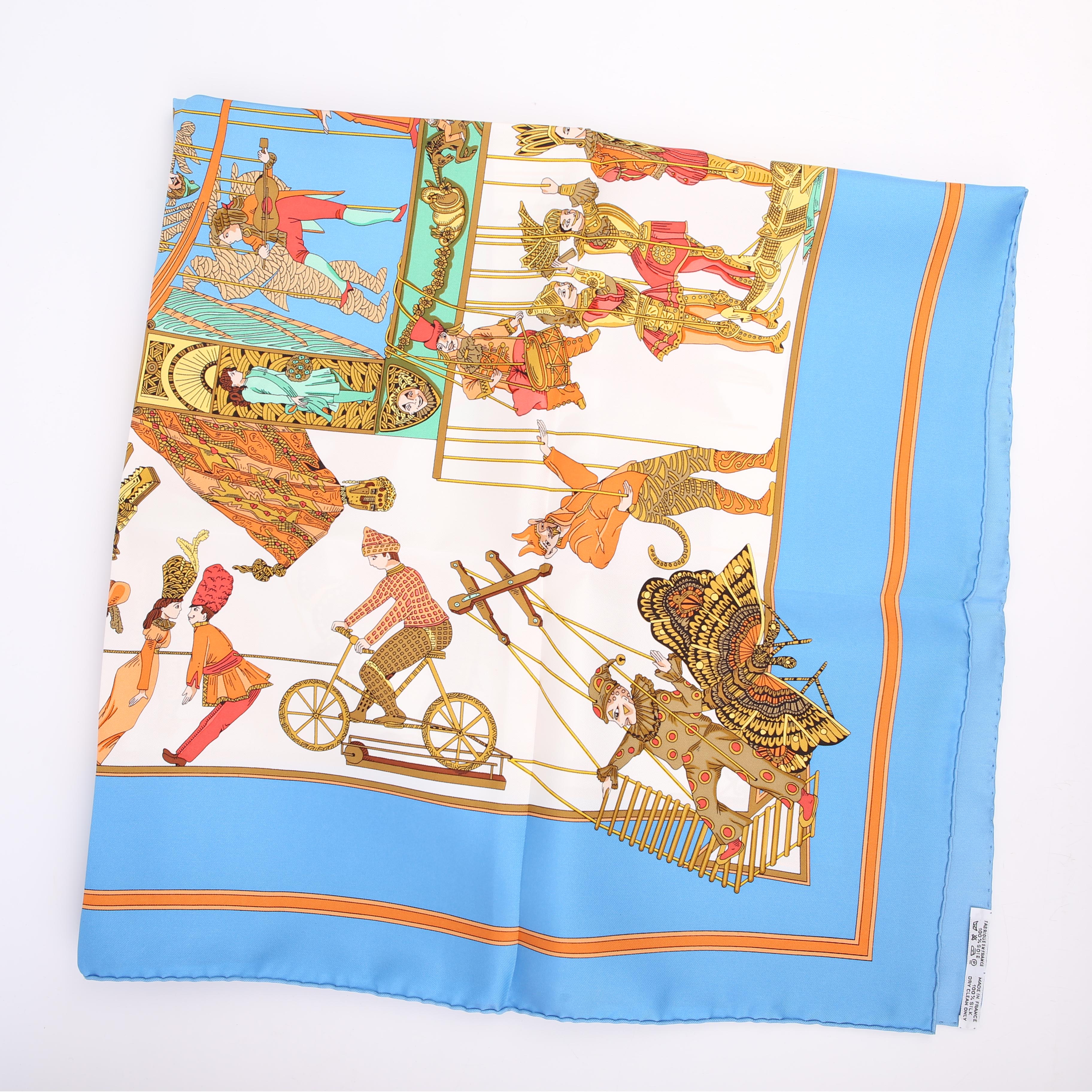 Hermes Le Temps De Marionnettes 90CM Silk Scarf Blue/Orange