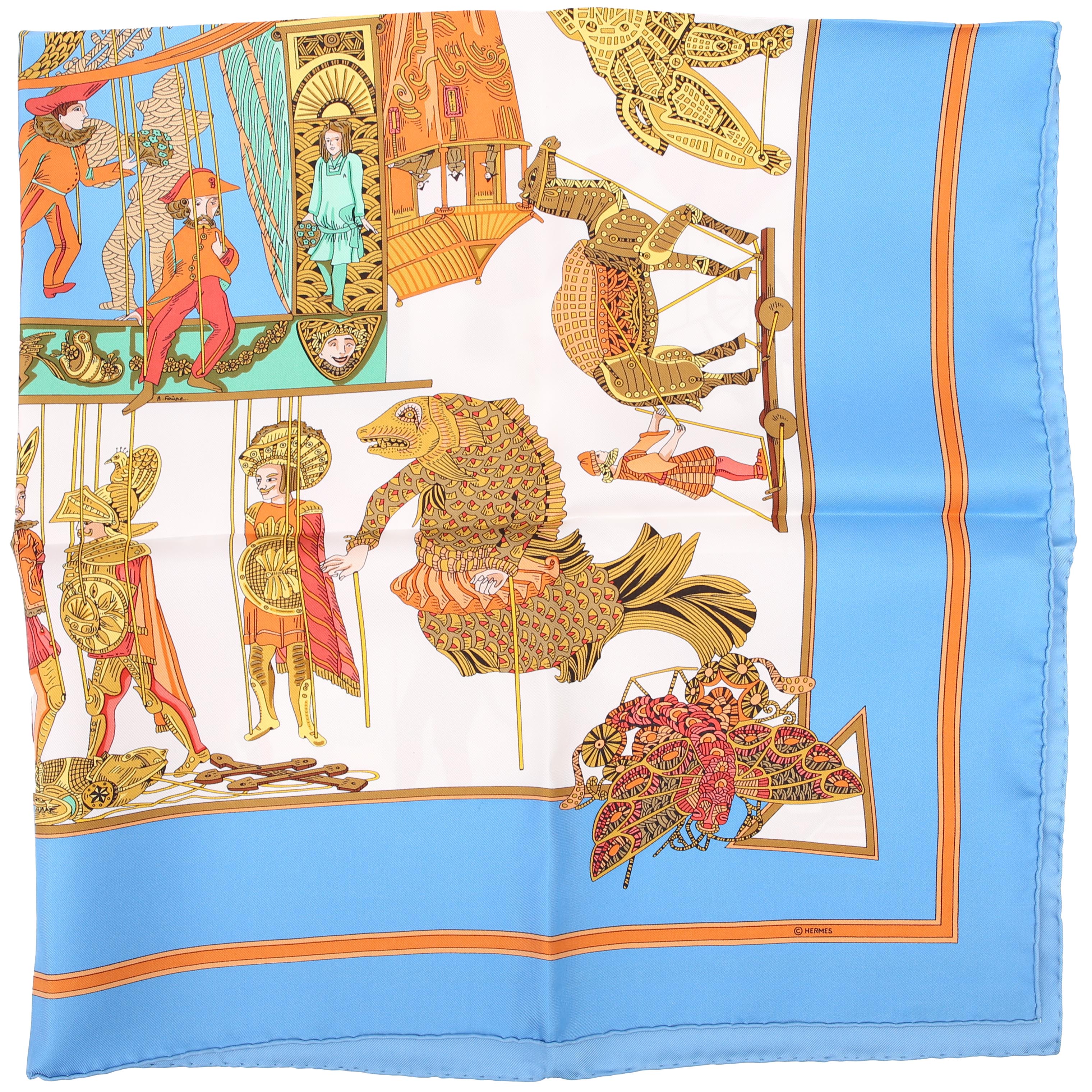Hermes Le Temps De Marionnettes 90CM Silk Scarf Blue/Orange