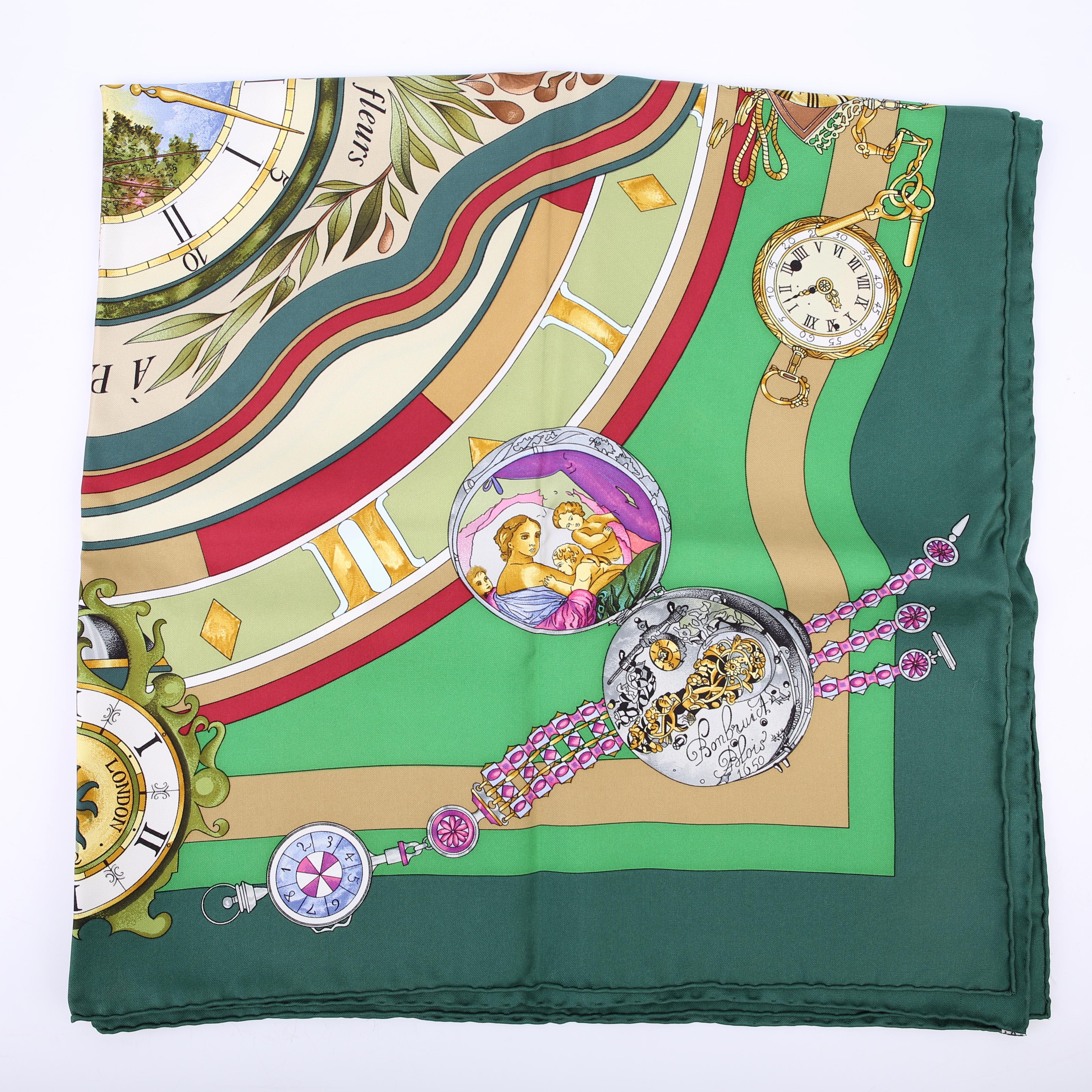 Je Compte Le Heures 90CM Silk Scarf Green
