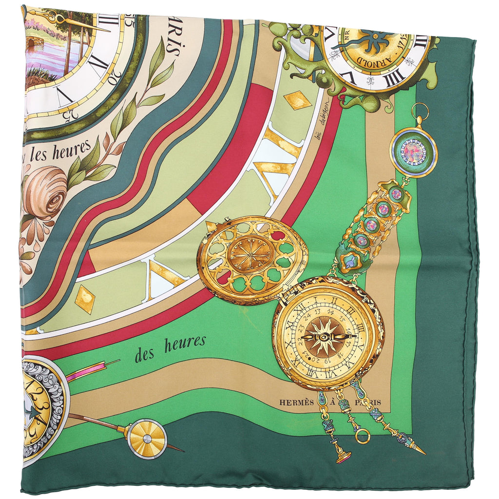 Je Compte Le Heures 90CM Silk Scarf Green