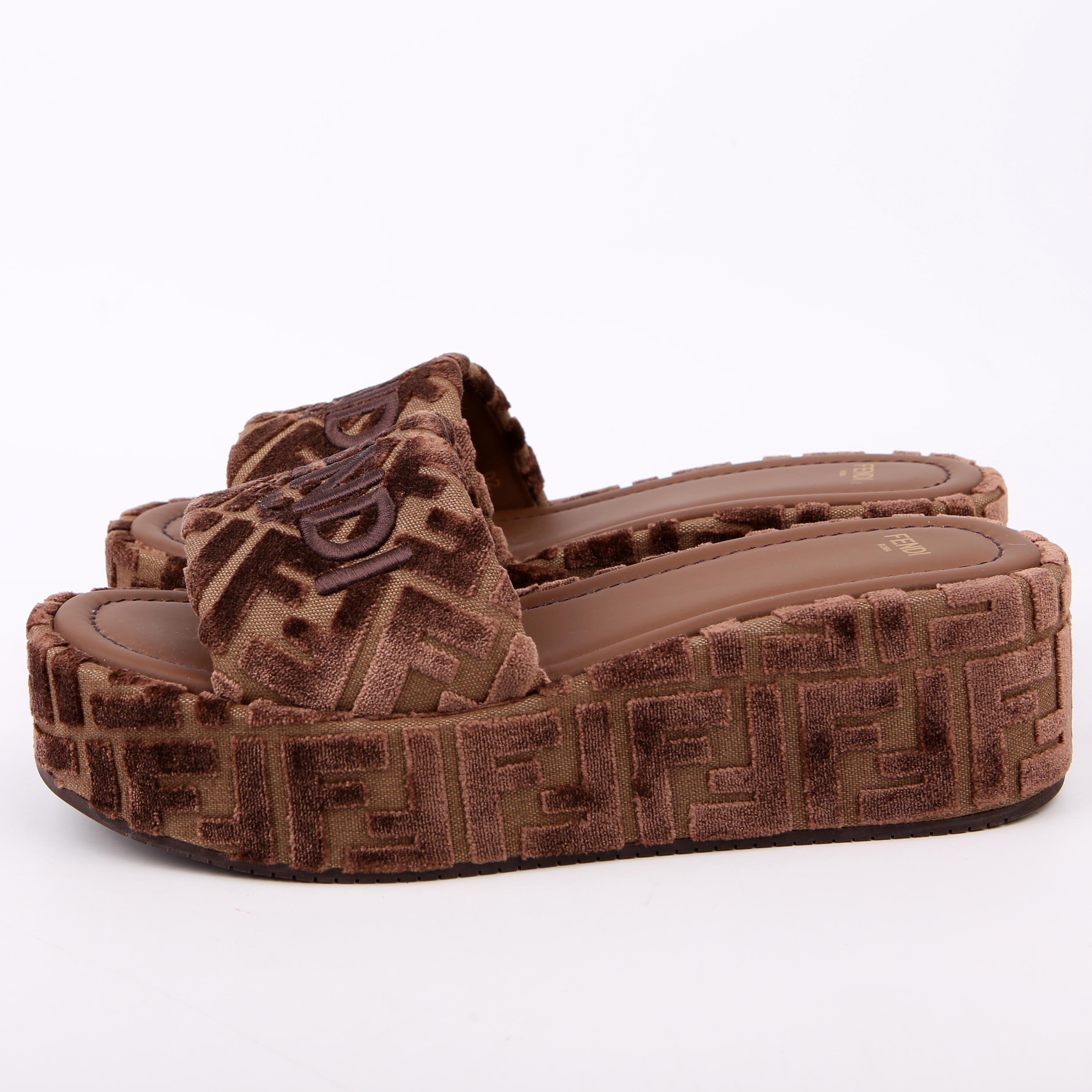 Fendi Velvet Zucca Platform Slides Size 39.5 Brown