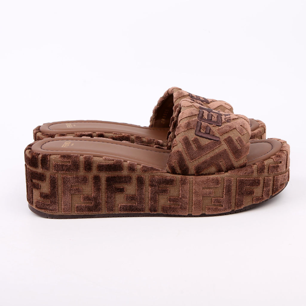 Fendi Velvet Zucca Platform Slides Size 39.5 Brown