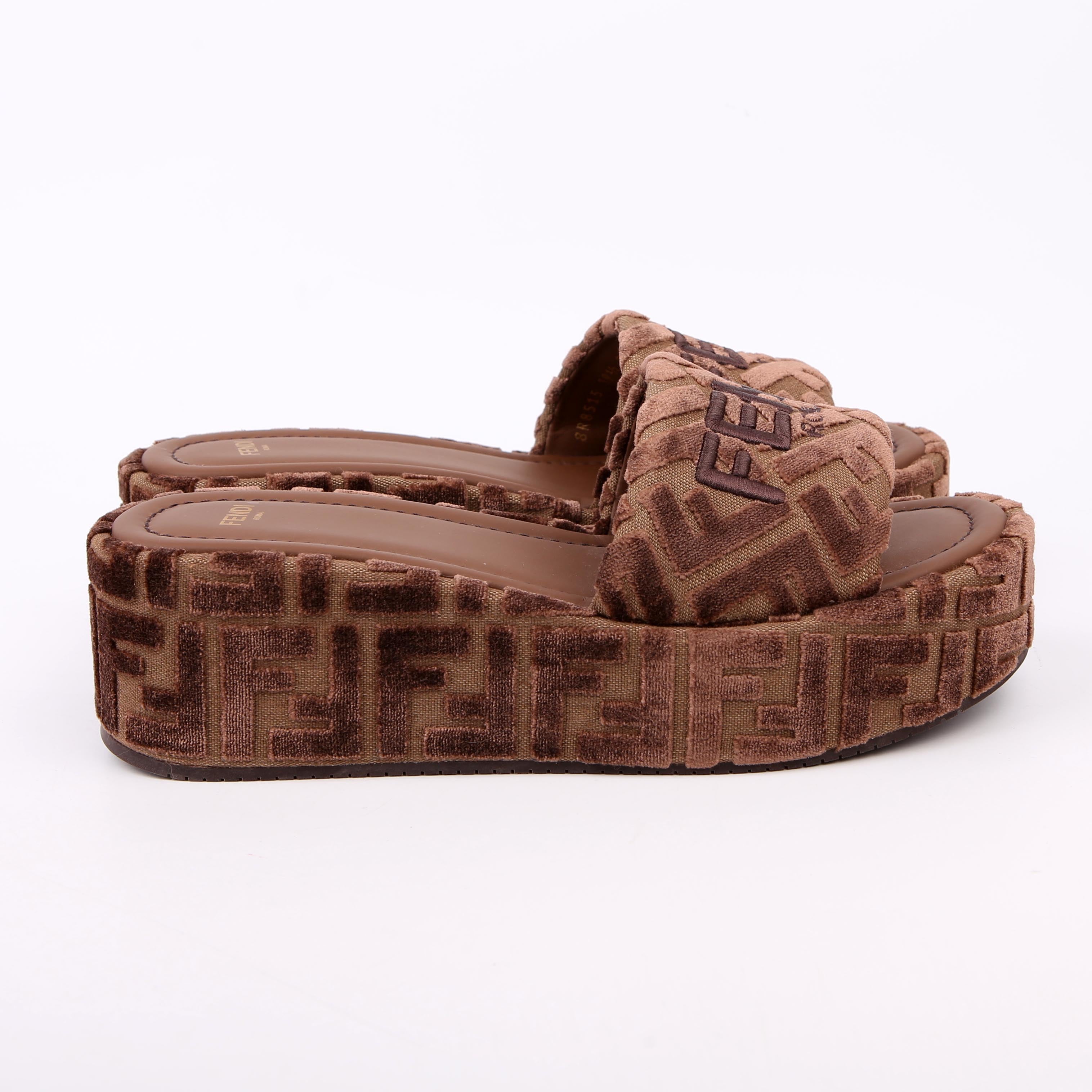 Fendi Velvet Zucca Platform Slides Size 39.5 Brown