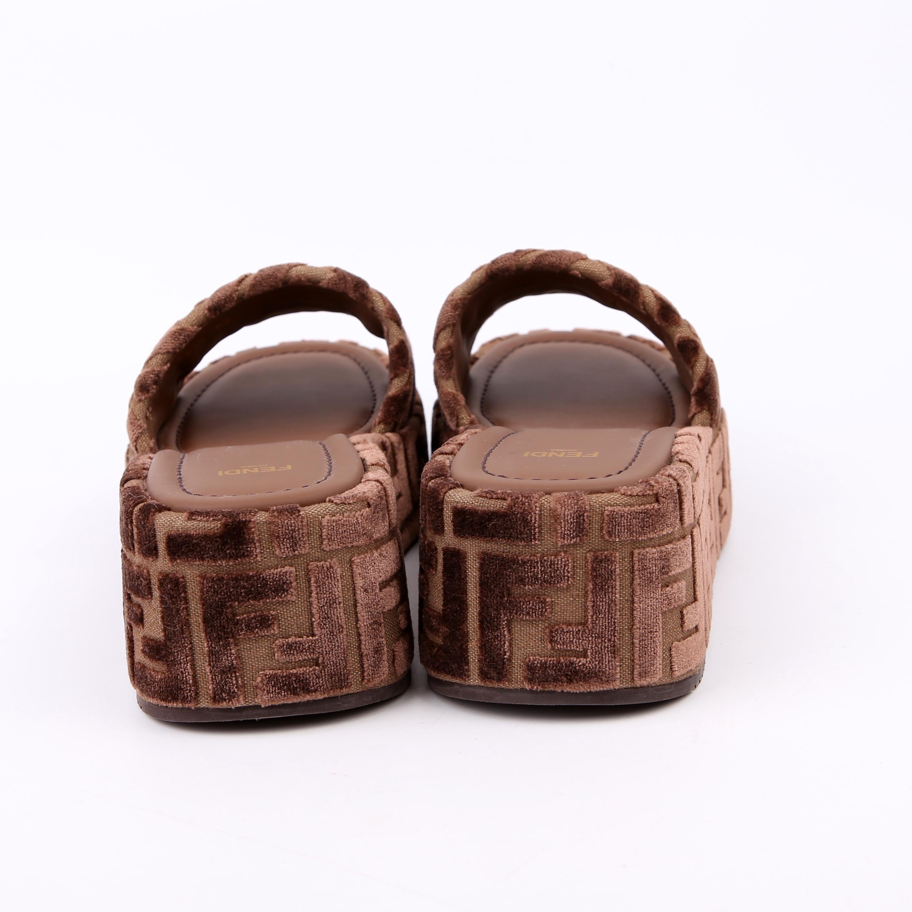 Fendi Velvet Zucca Platform Slides Size 39.5 Brown
