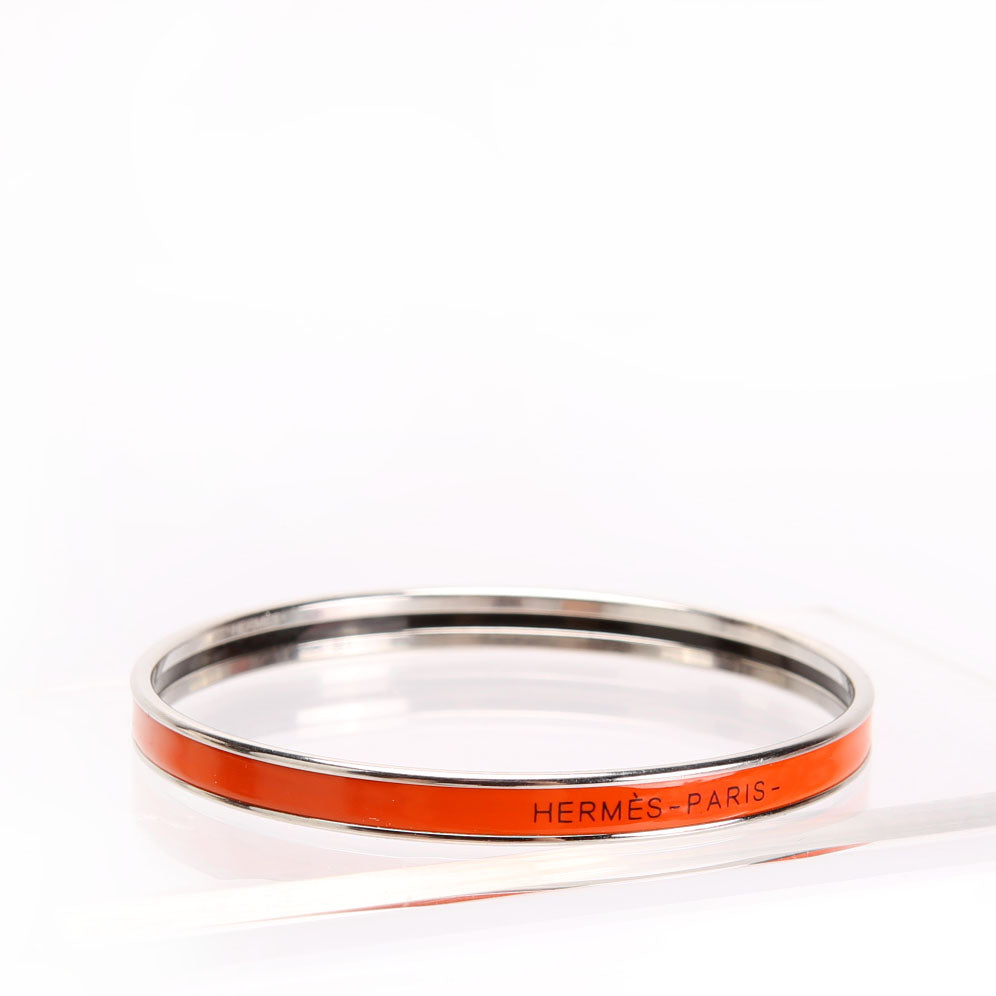 Hermes Printed Enamel Narrow Bangle Bracelet Orange/Silver