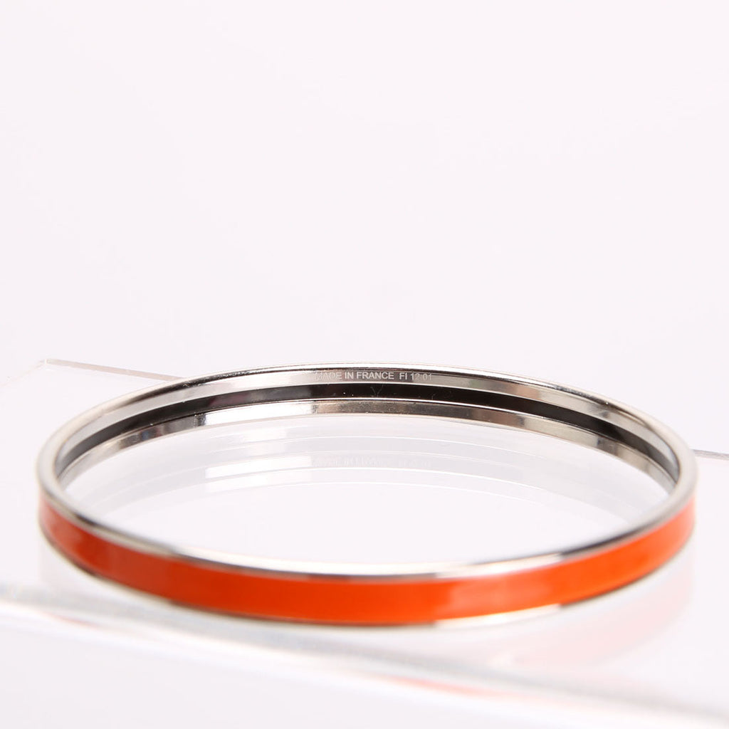 Hermes Printed Enamel Narrow Bangle Bracelet Orange/Silver