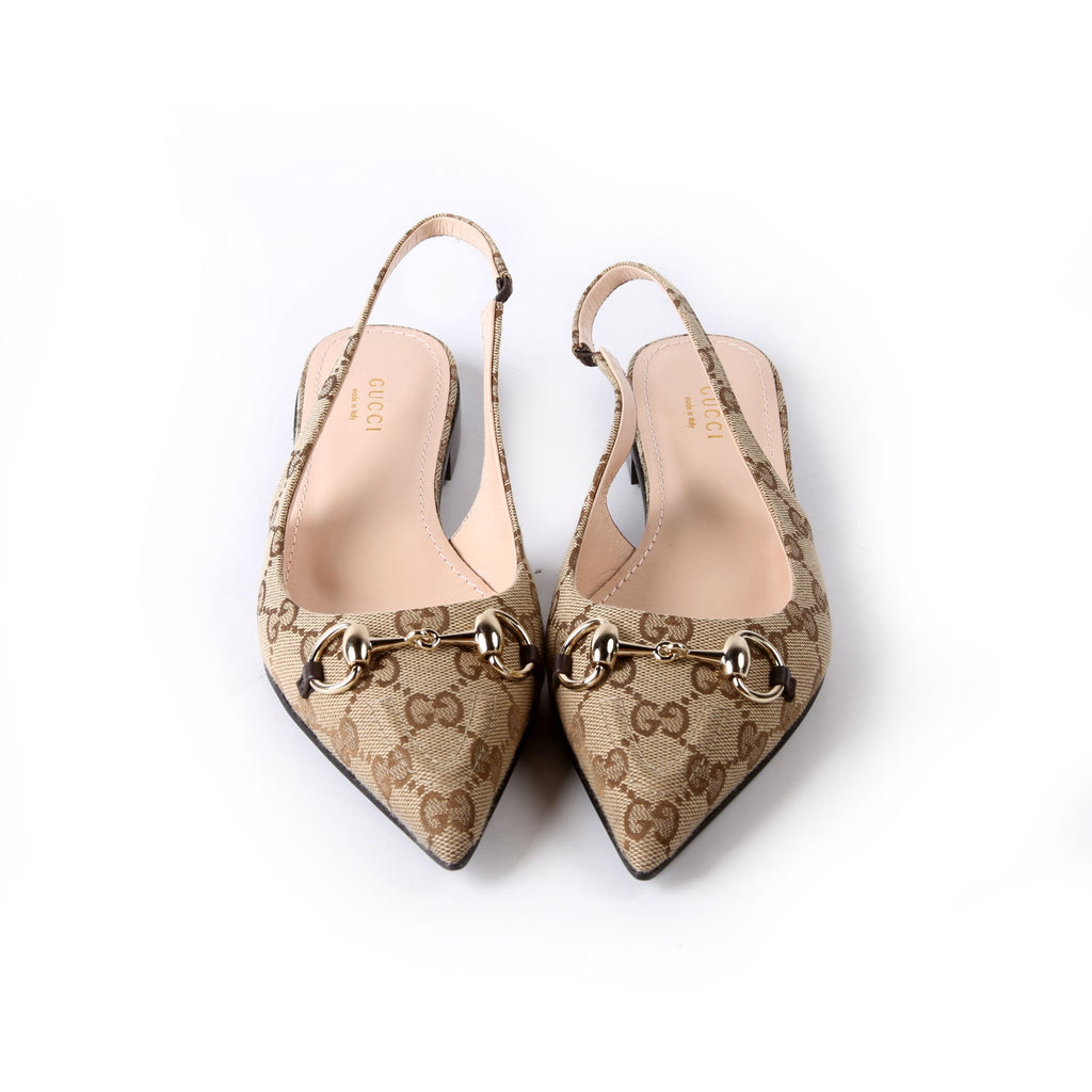 Gucci GG Pointed Toe Slingback Flats Size 37 Beige