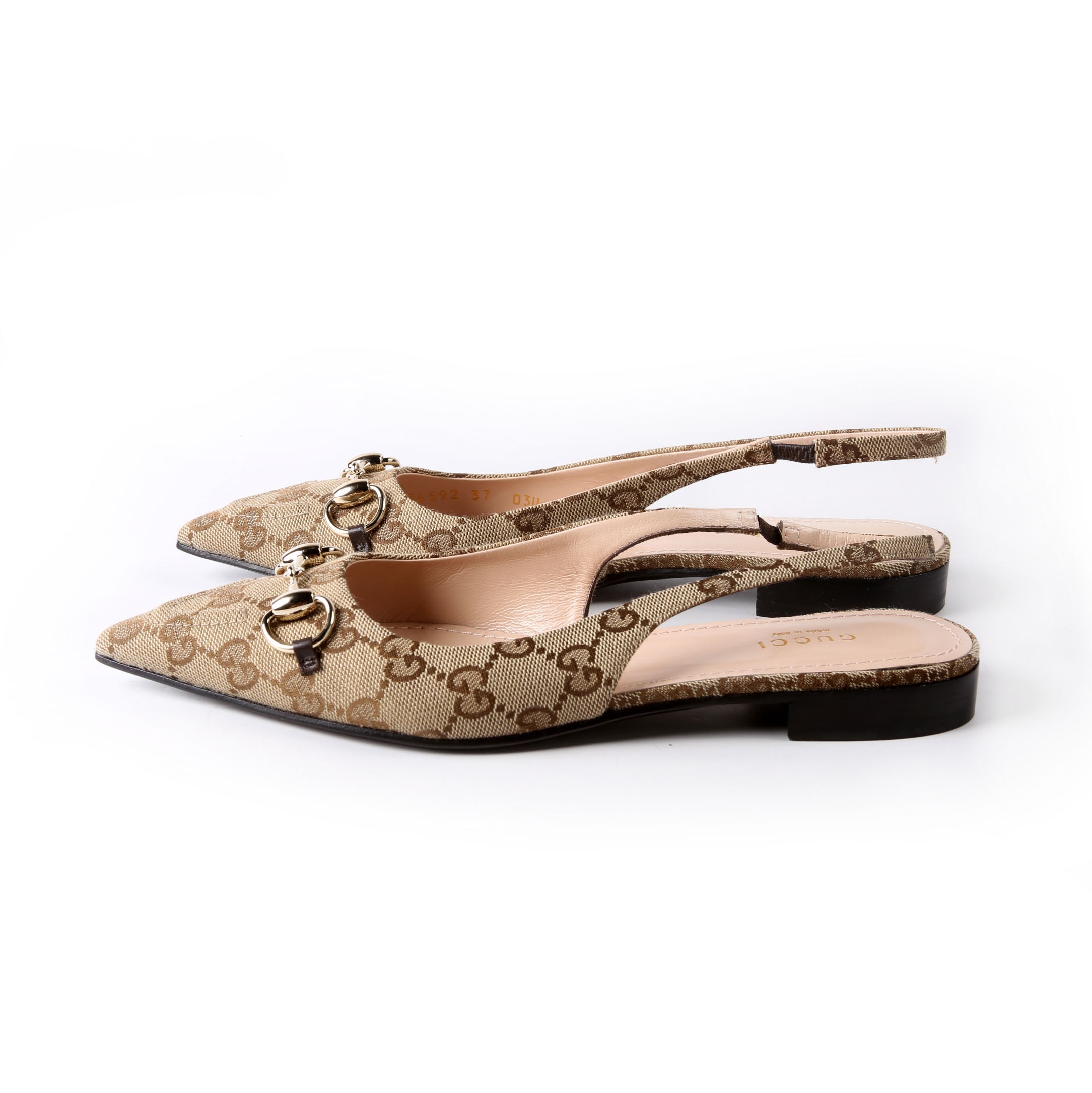 Gucci GG Pointed Toe Slingback Flats Size 37 Beige