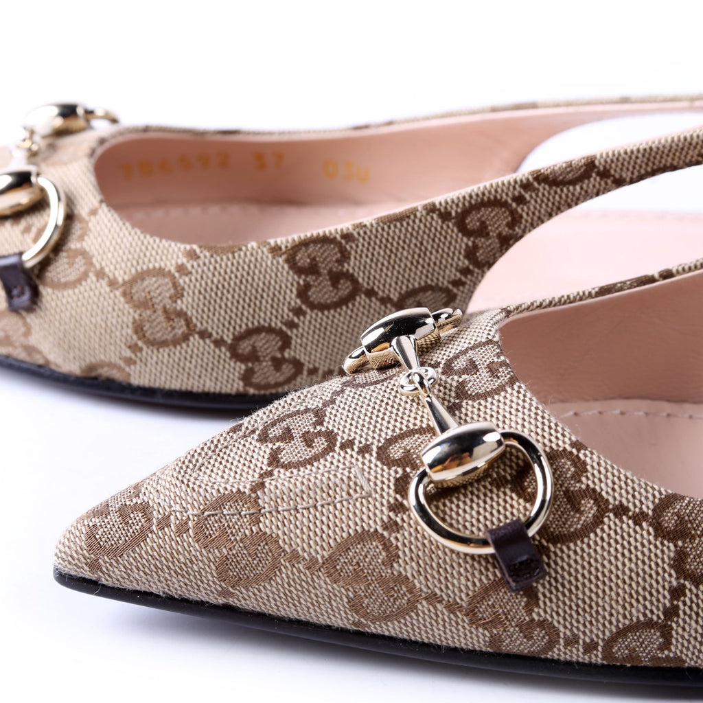 Gucci GG Pointed Toe Slingback Flats Size 37 Beige