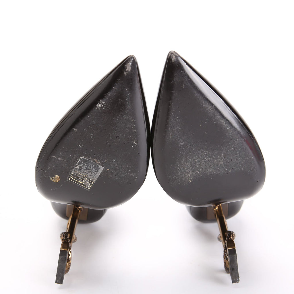 SAINT LAURENT Opyum Ankle Strap Pointed Toe Pumps Size 40 Black/Gold