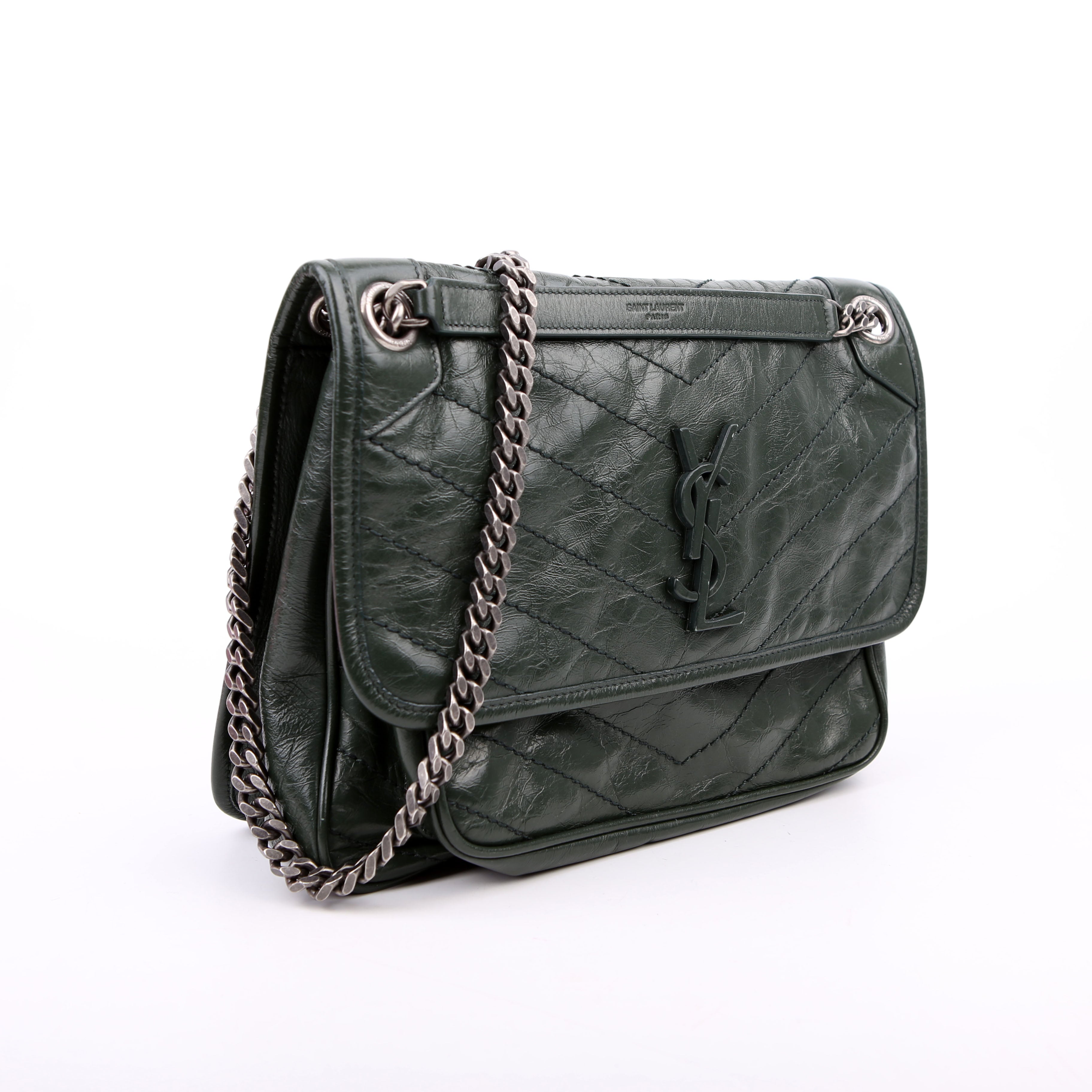 SAINT LAURENT Niki Large Crinkled Leather 633157 Green