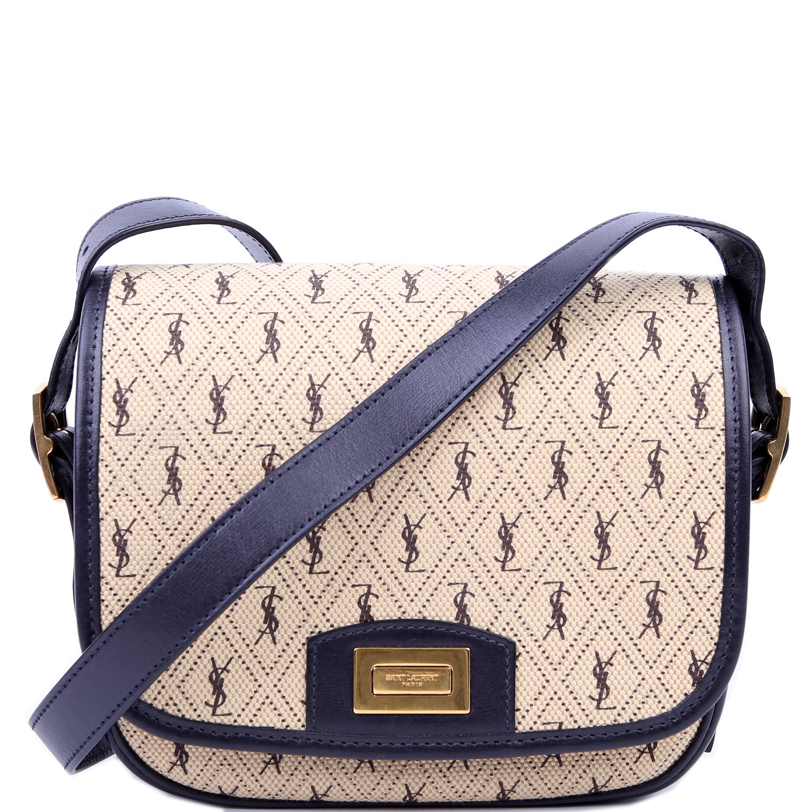 SAINT LAURENT 585007 All Over Logo Canvas Flap Satchel Blue