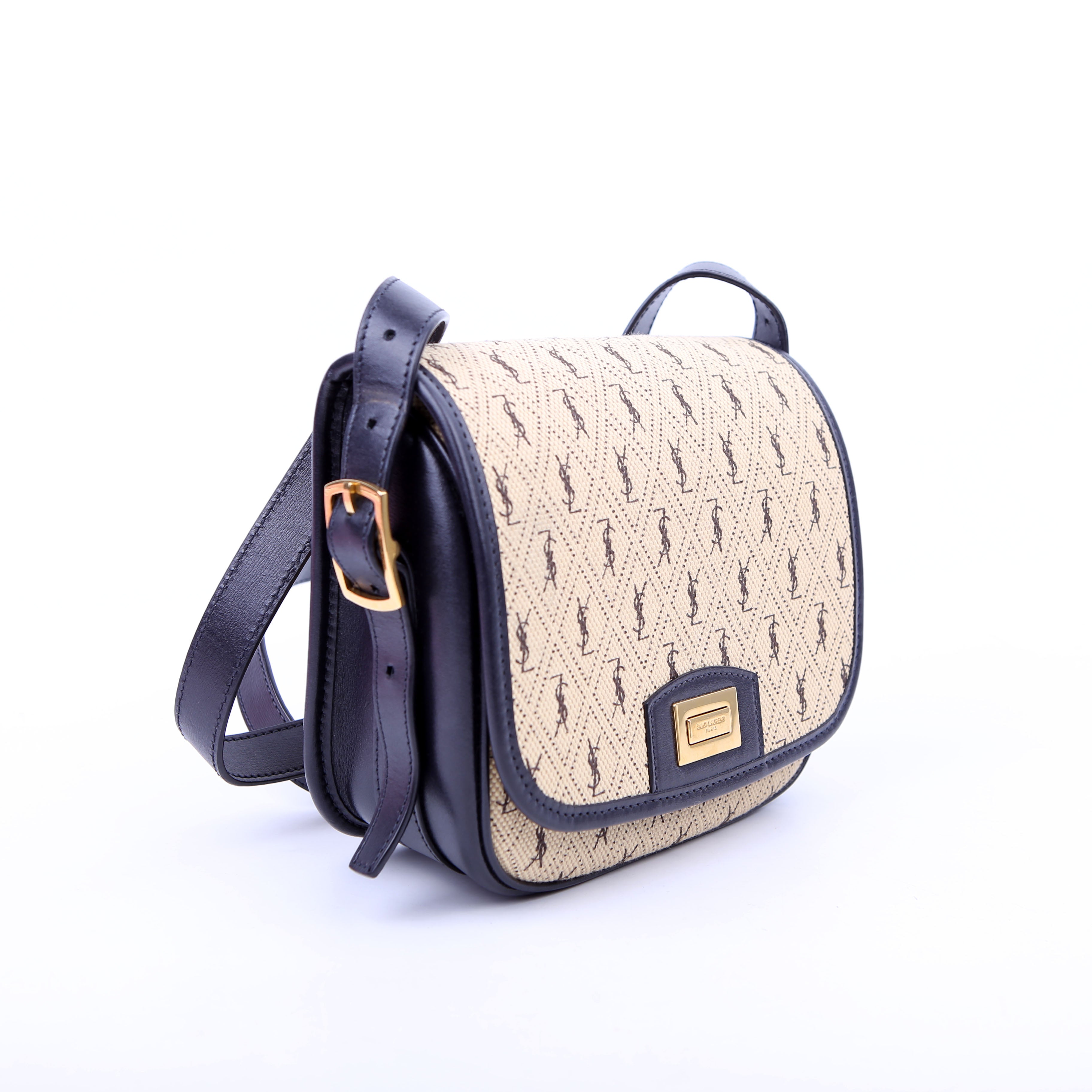 SAINT LAURENT 585007 All Over Logo Canvas Flap Satchel Blue