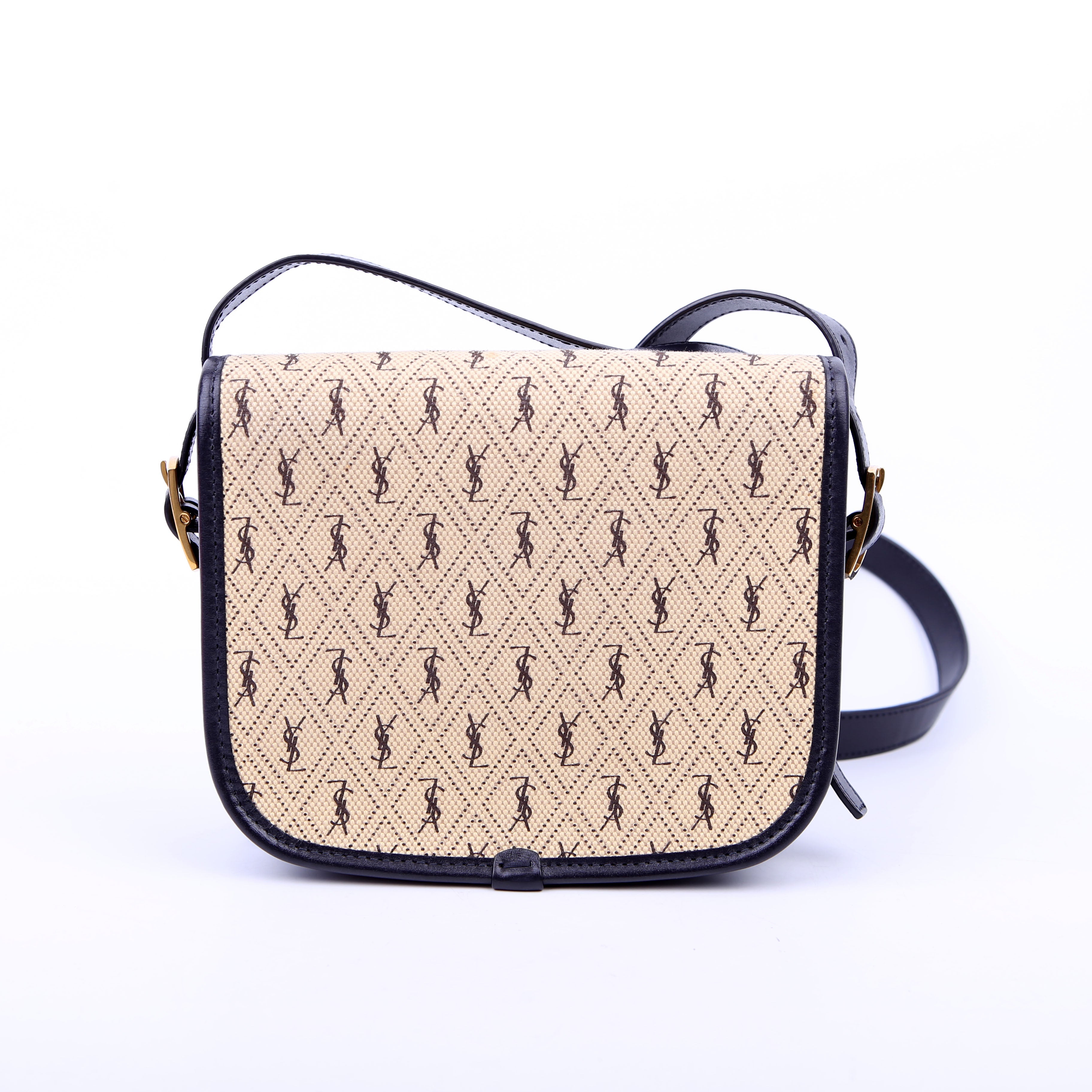 SAINT LAURENT 585007 All Over Logo Canvas Flap Satchel Blue