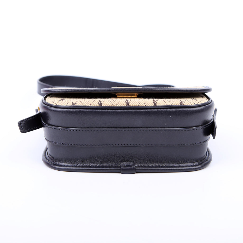 SAINT LAURENT 585007 All Over Logo Canvas Flap Satchel Blue