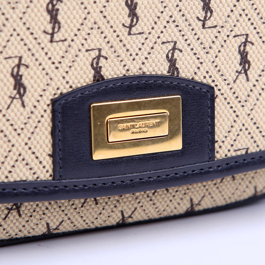 SAINT LAURENT 585007 All Over Logo Canvas Flap Satchel Blue