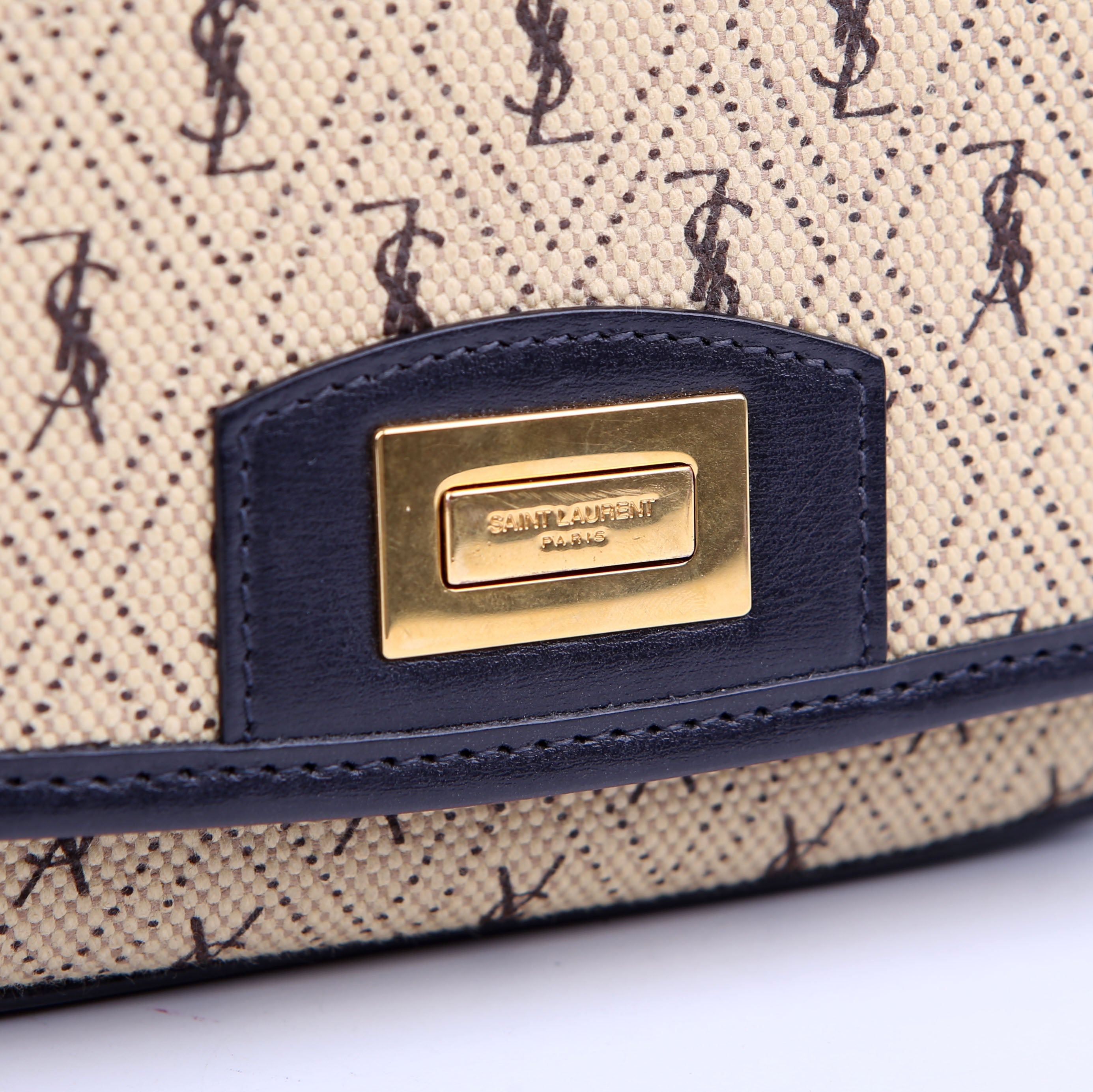 SAINT LAURENT 585007 All Over Logo Canvas Flap Satchel Blue