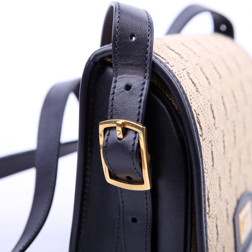 SAINT LAURENT 585007 All Over Logo Canvas Flap Satchel Blue
