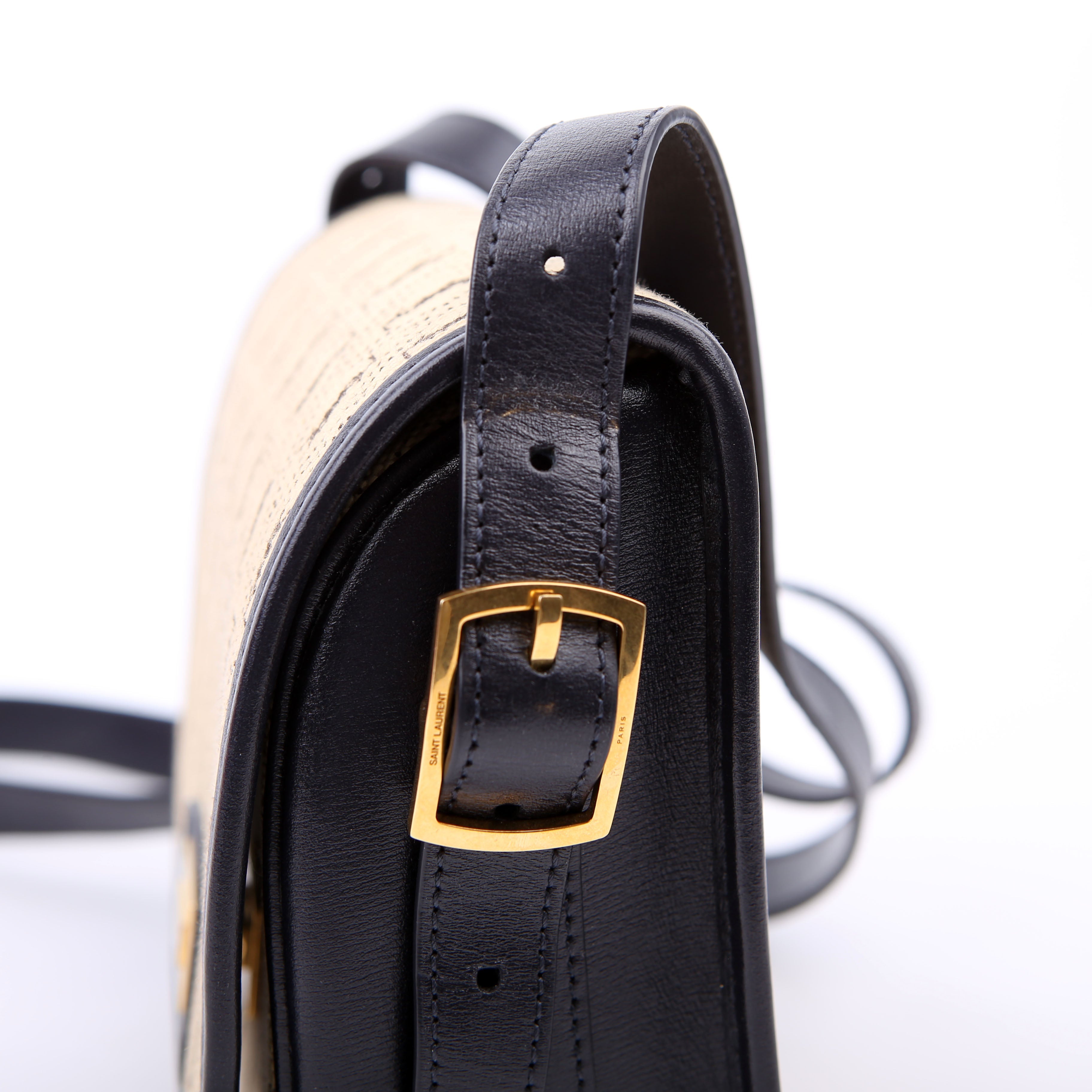 SAINT LAURENT 585007 All Over Logo Canvas Flap Satchel Blue