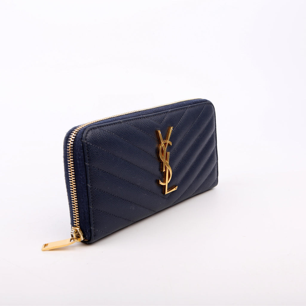 SAINT LAURENT 358094 Grain De Poudre Zip Around Wallet Blue