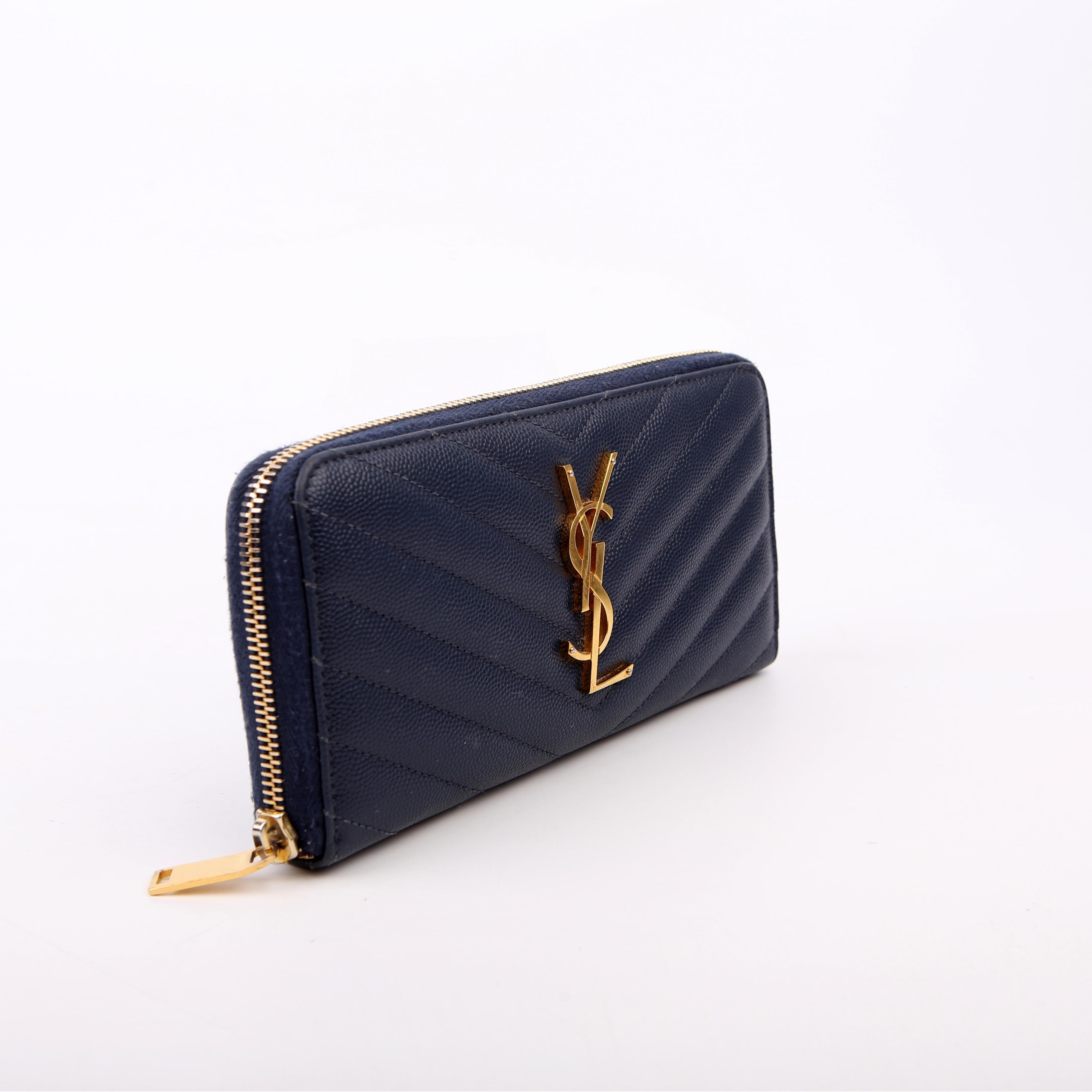 SAINT LAURENT 358094 Grain De Poudre Zip Around Wallet Blue