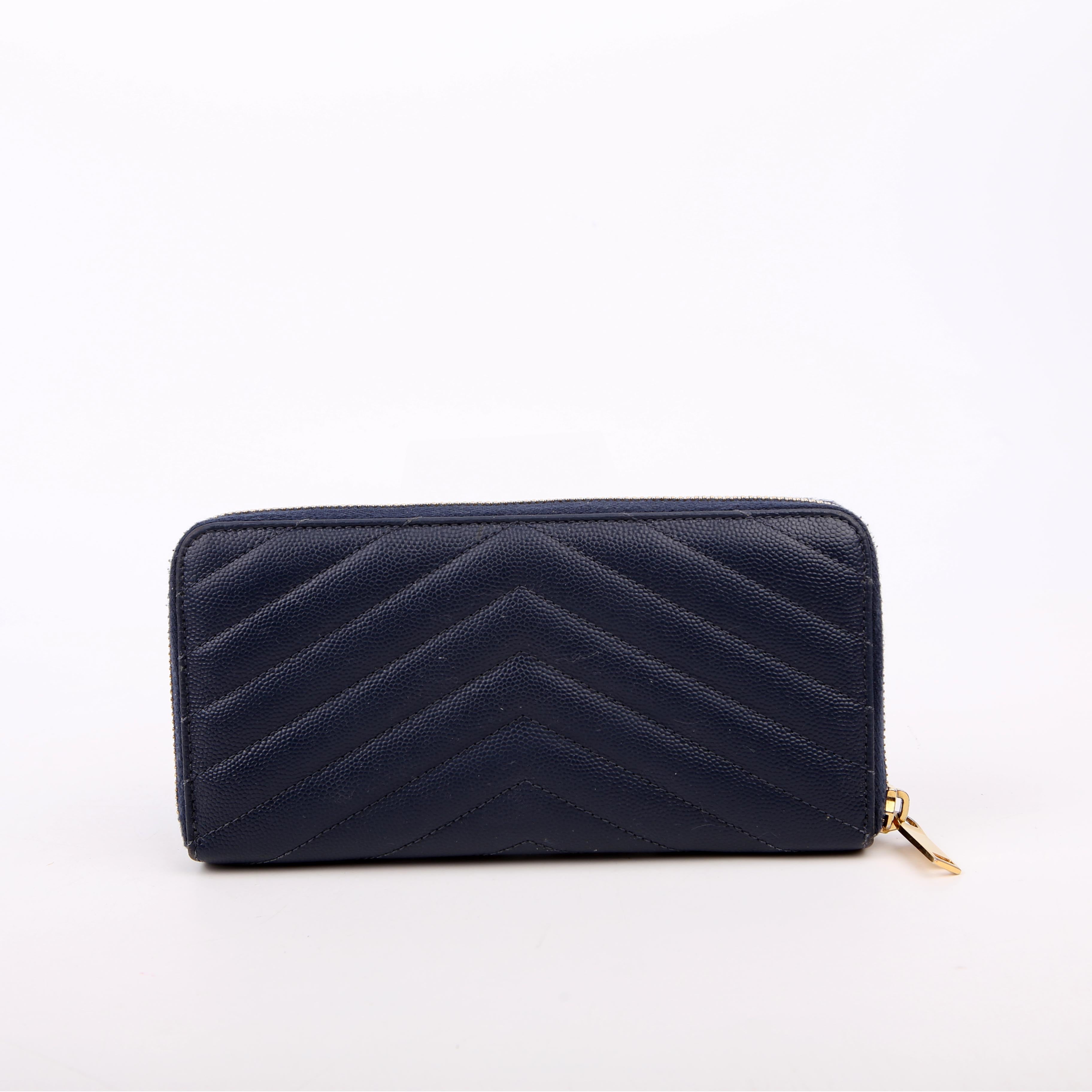 SAINT LAURENT 358094 Grain De Poudre Zip Around Wallet Blue