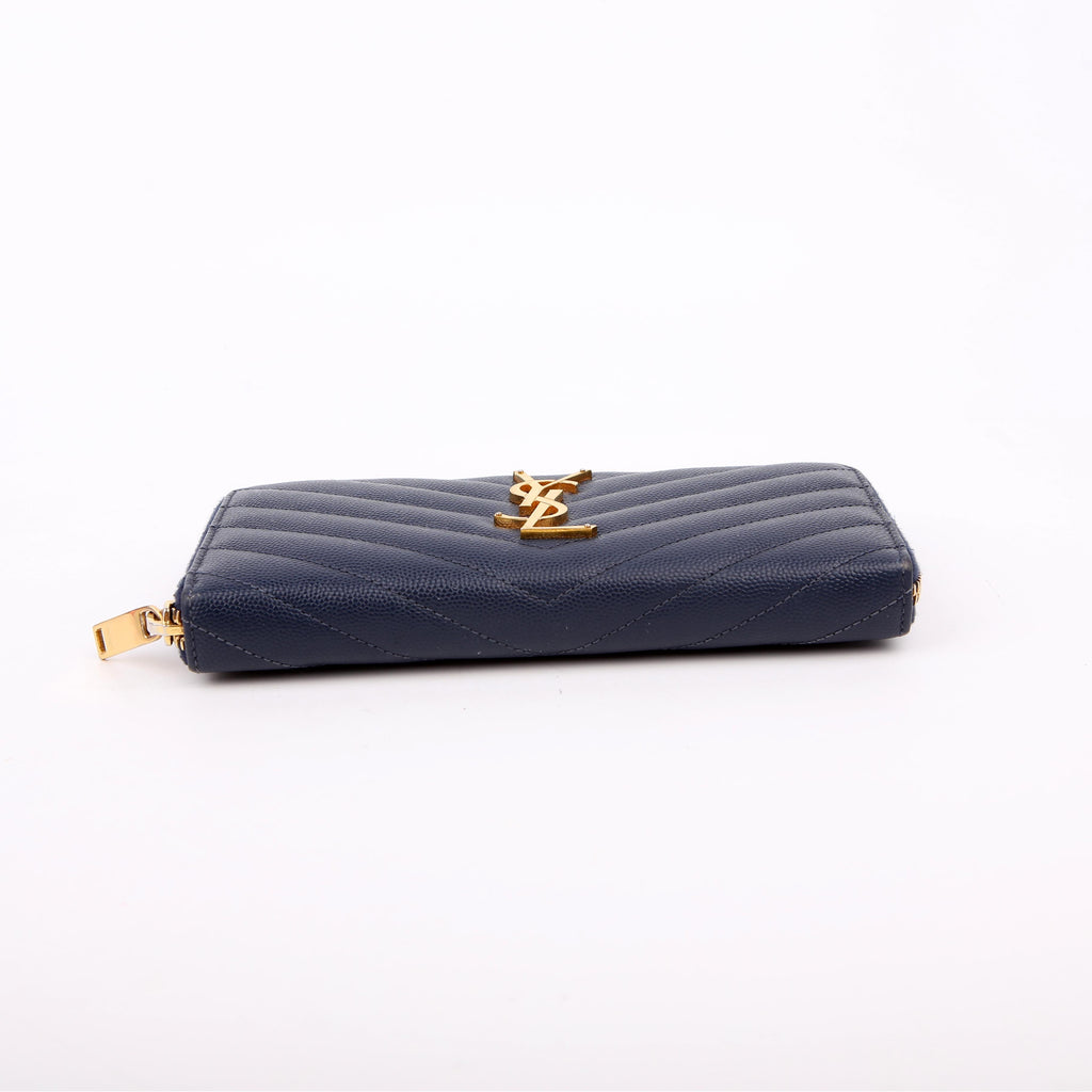 SAINT LAURENT 358094 Grain De Poudre Zip Around Wallet Blue