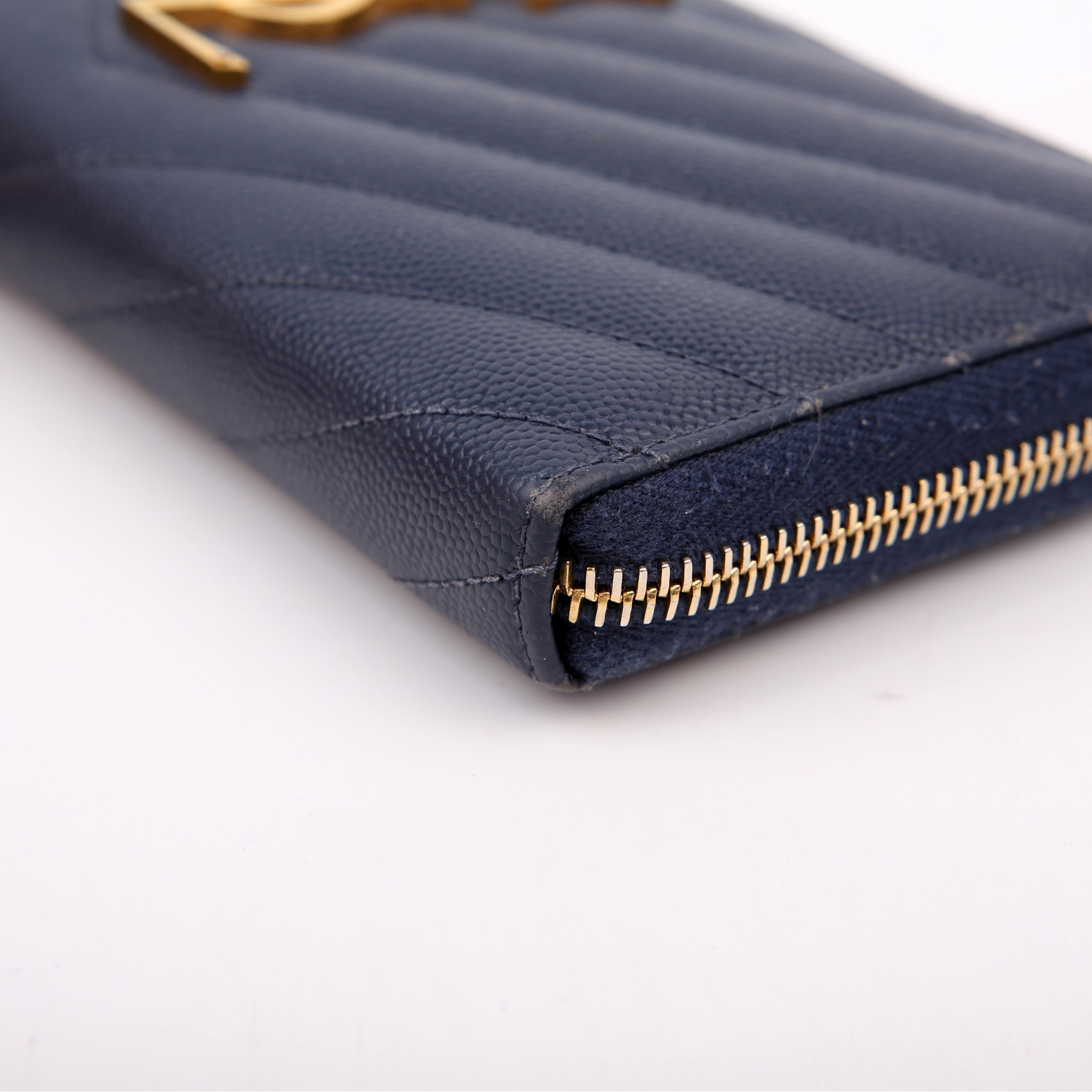SAINT LAURENT 358094 Grain De Poudre Zip Around Wallet Blue