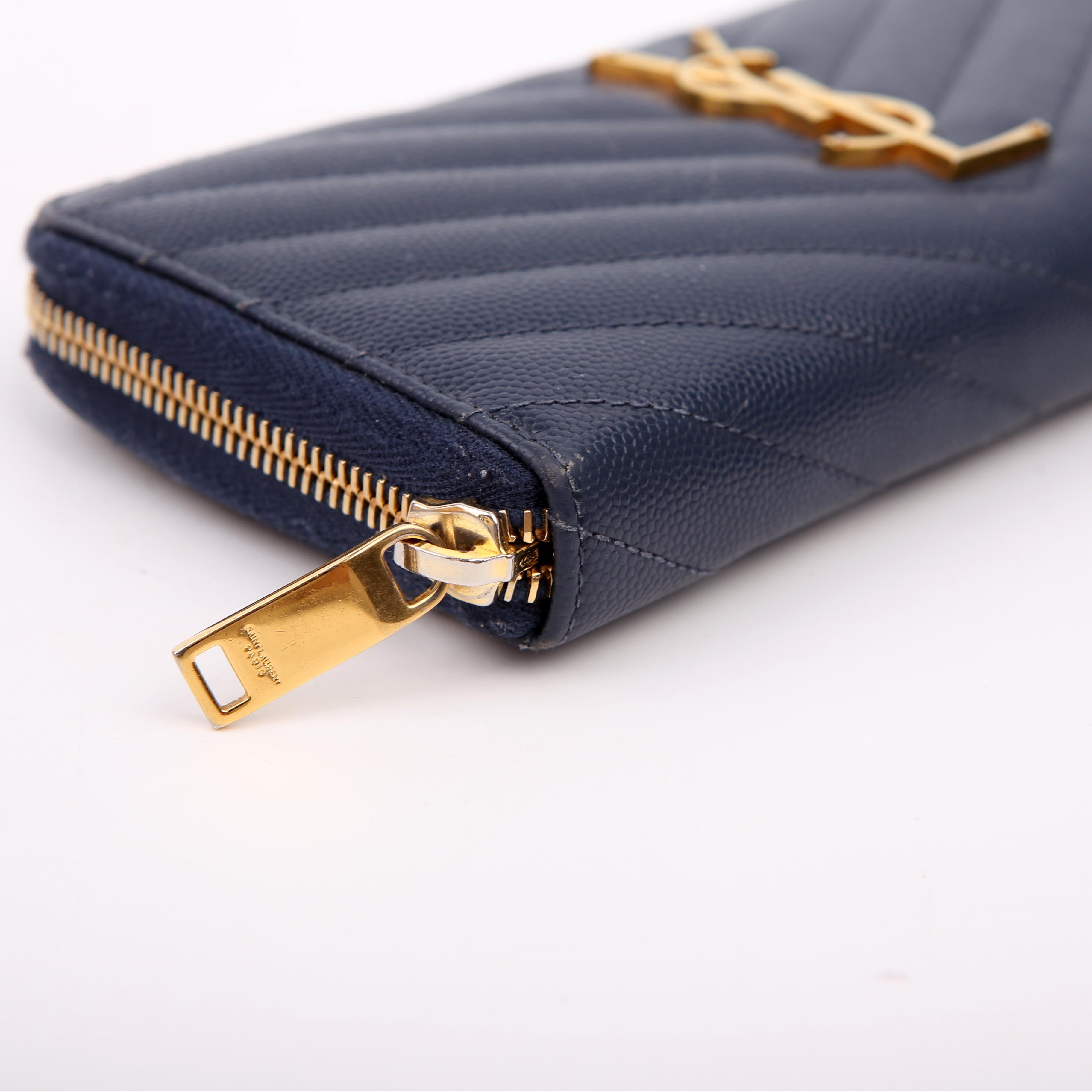 SAINT LAURENT 358094 Grain De Poudre Zip Around Wallet Blue