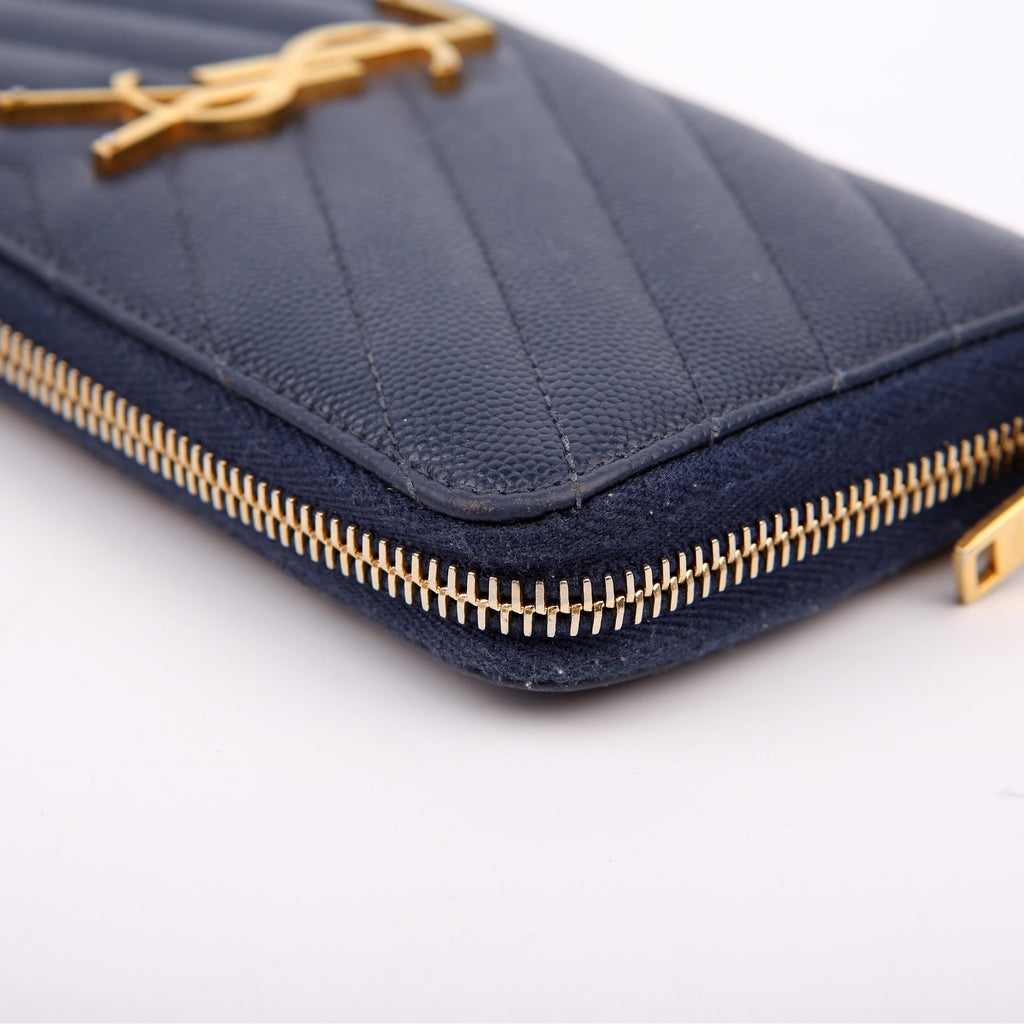 SAINT LAURENT 358094 Grain De Poudre Zip Around Wallet Blue