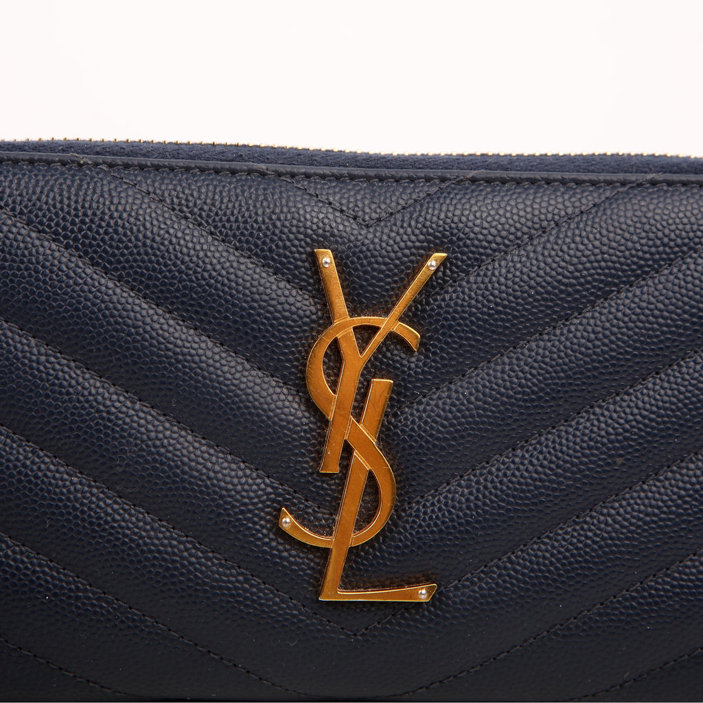 SAINT LAURENT 358094 Grain De Poudre Zip Around Wallet Blue
