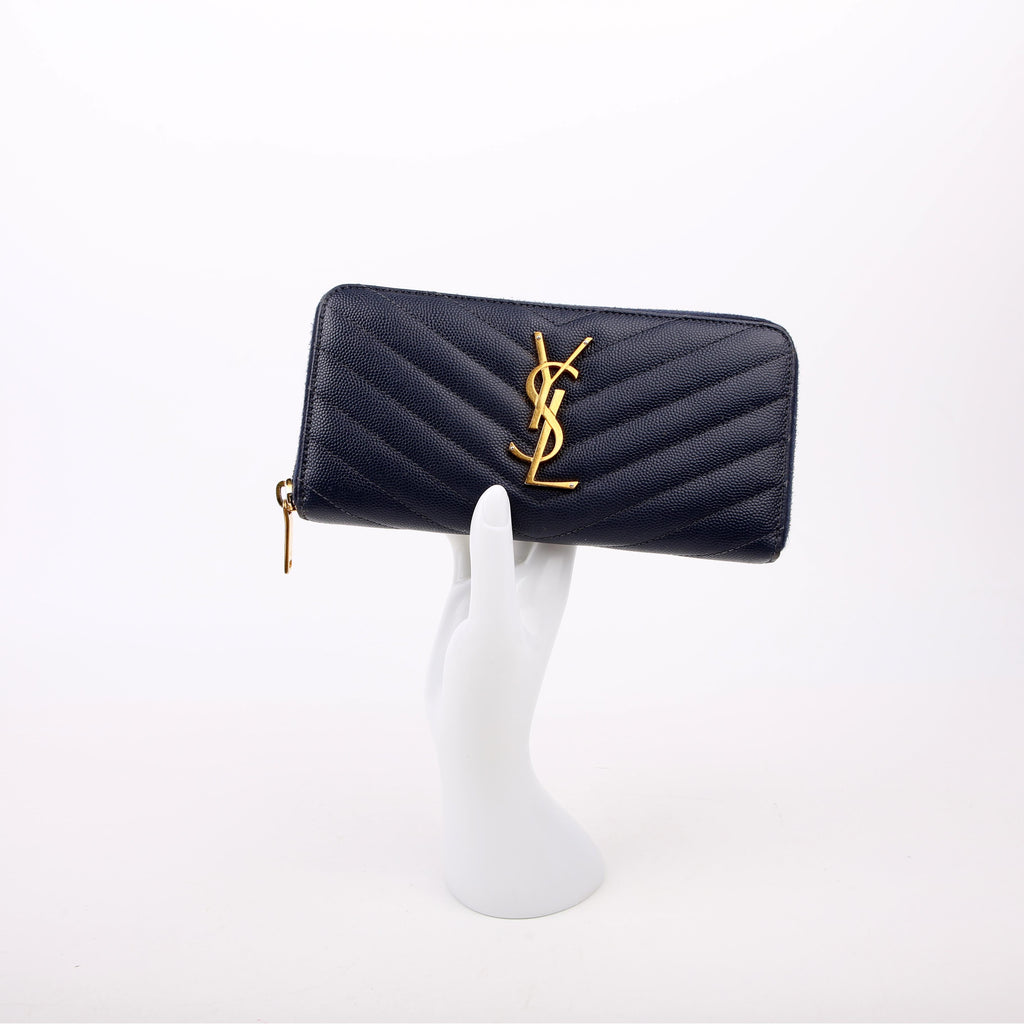 SAINT LAURENT 358094 Grain De Poudre Zip Around Wallet Blue