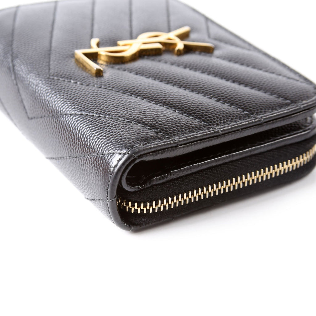 SAINT LAURENT 403723 Cassandre Grain De Poudre Compact Zip Around Wallet Black