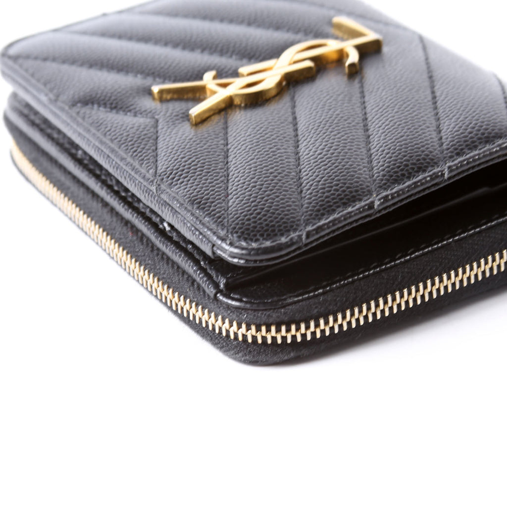 SAINT LAURENT 403723 Cassandre Grain De Poudre Compact Zip Around Wallet Black