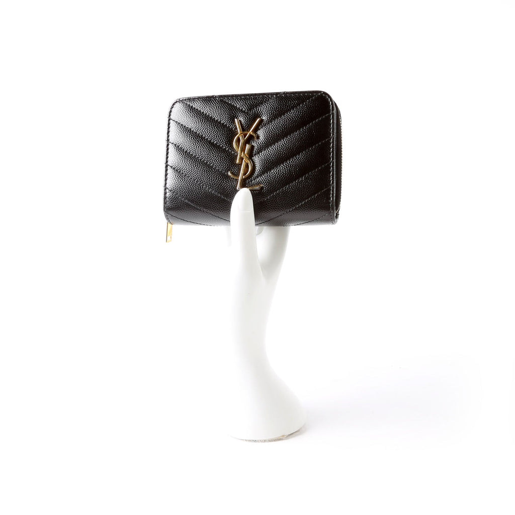SAINT LAURENT 403723 Cassandre Grain De Poudre Compact Zip Around Wallet Black