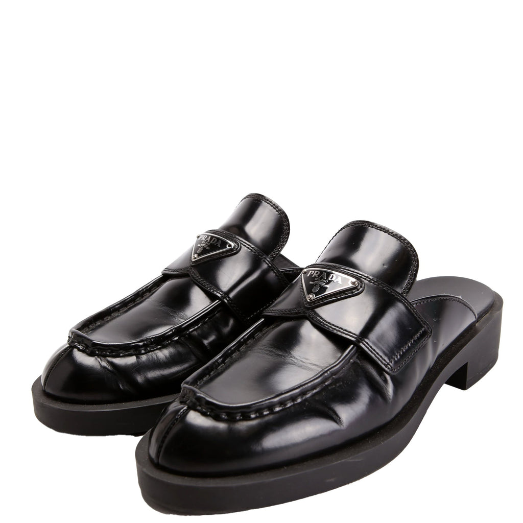 Prada Spazzolato Metal Triangle Logo 40MM Loafer Mules Size 39.5