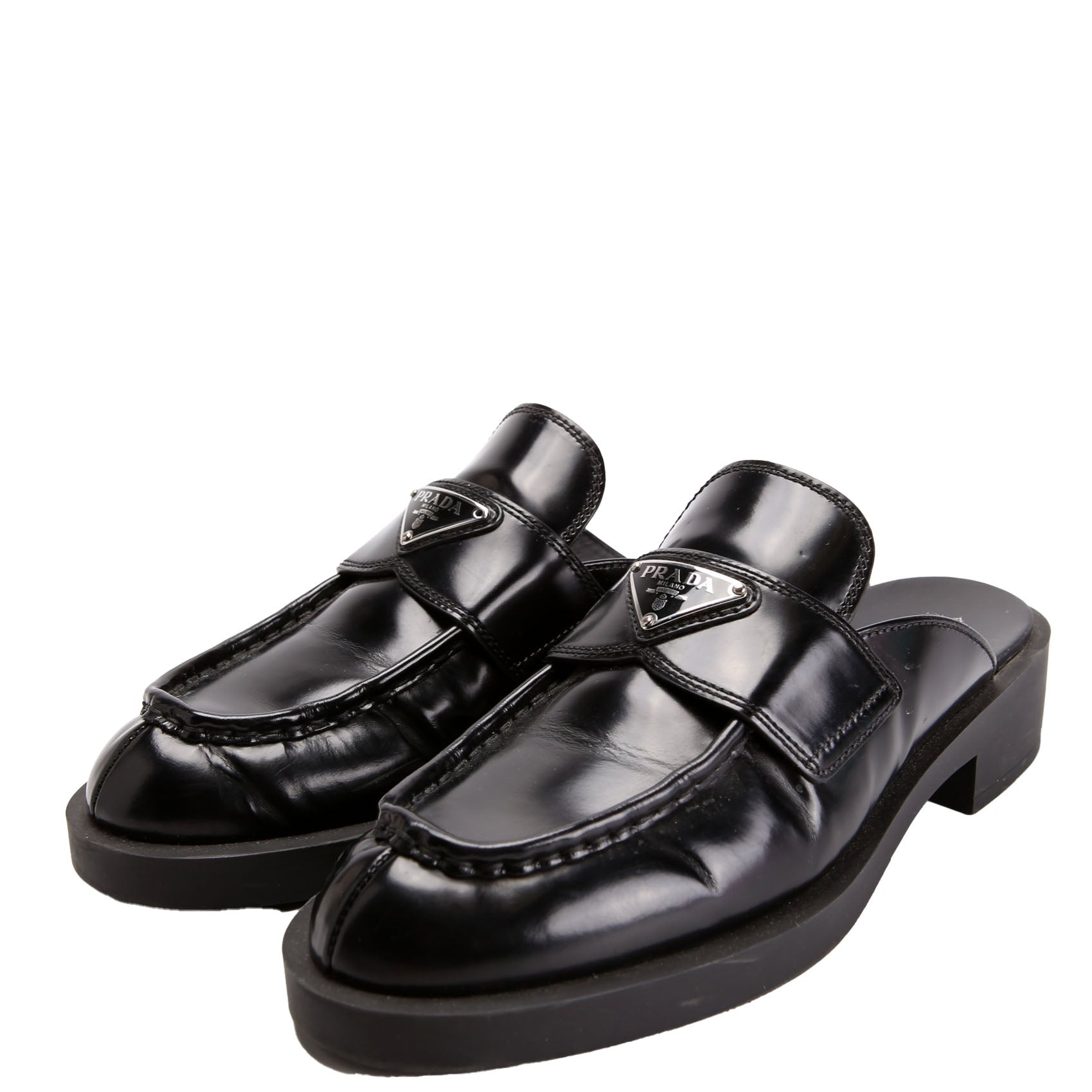 Prada Spazzolato Metal Triangle Logo 40MM Loafer Mules Size 39.5