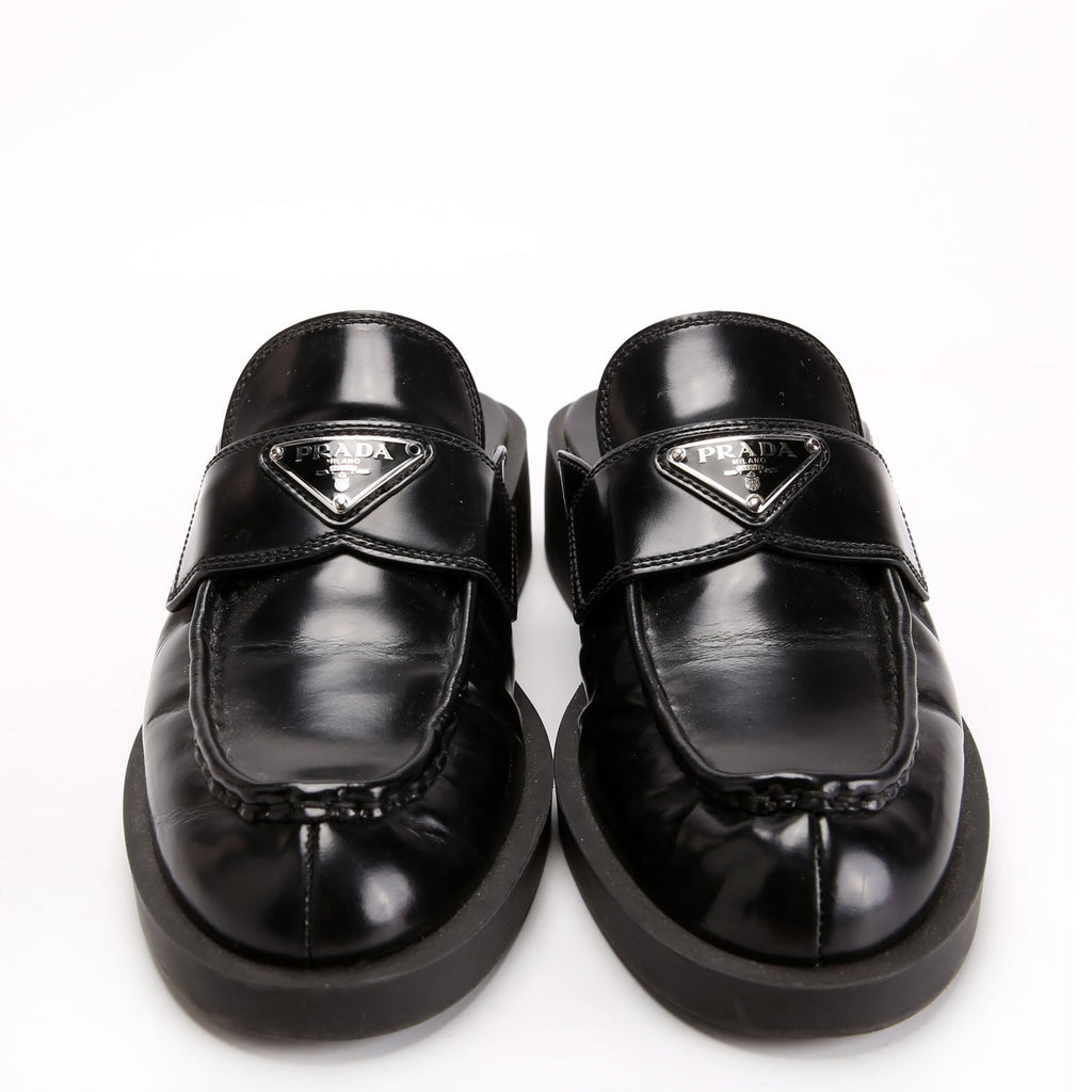 Prada Spazzolato Metal Triangle Logo 40MM Loafer Mules Size 39.5