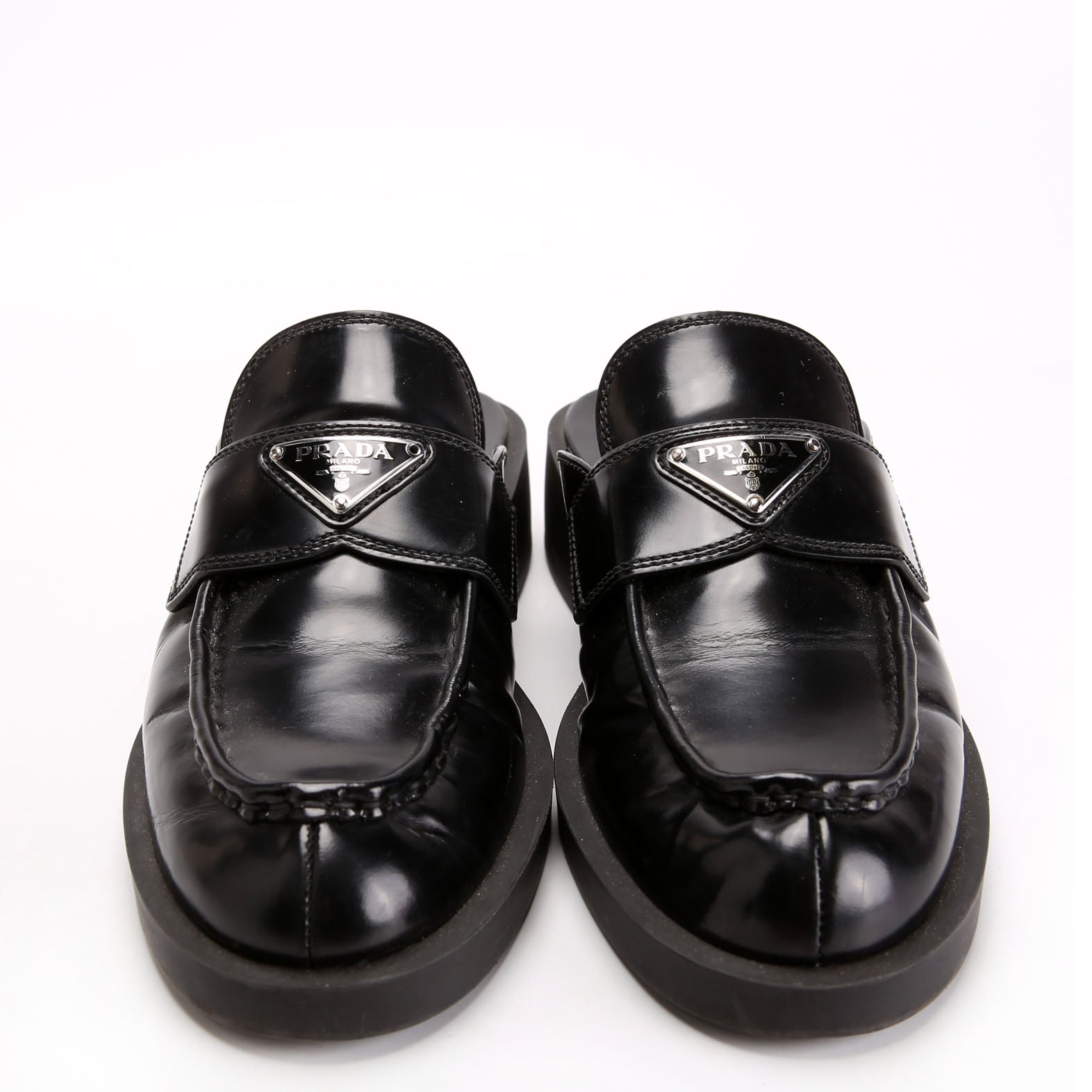 Prada Spazzolato Metal Triangle Logo 40MM Loafer Mules Size 39.5