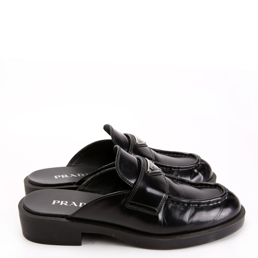 Prada Spazzolato Metal Triangle Logo 40MM Loafer Mules Size 39.5