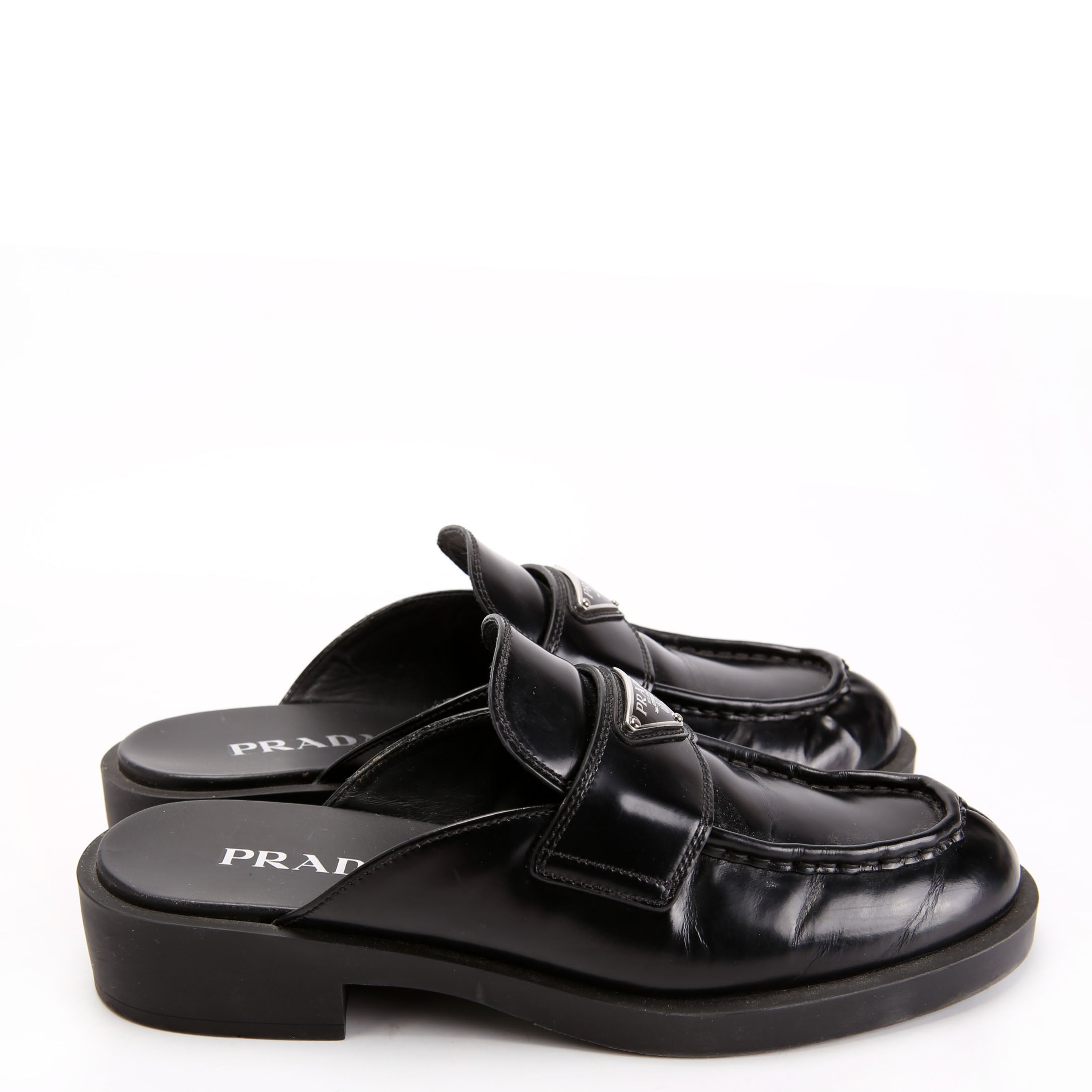 Prada Spazzolato Metal Triangle Logo 40MM Loafer Mules Size 39.5