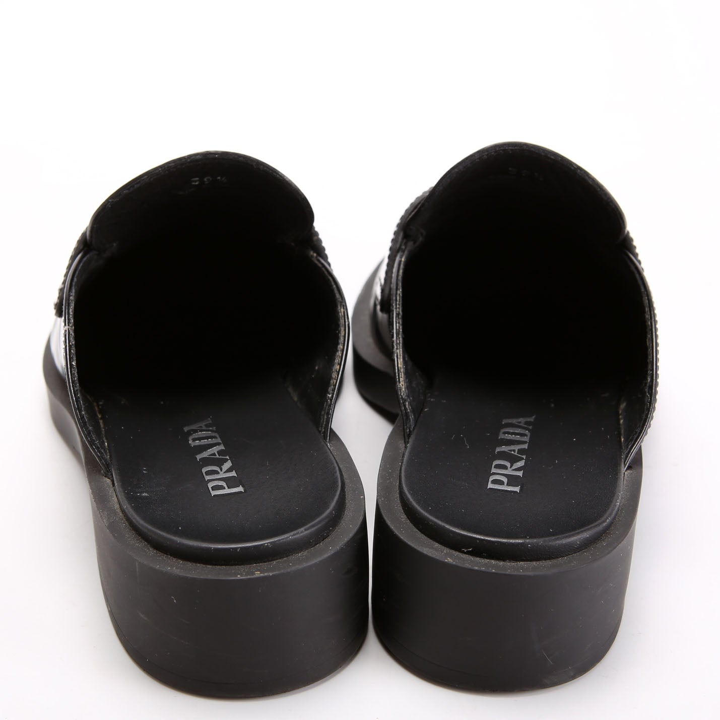 Prada Spazzolato Metal Triangle Logo 40MM Loafer Mules Size 39.5