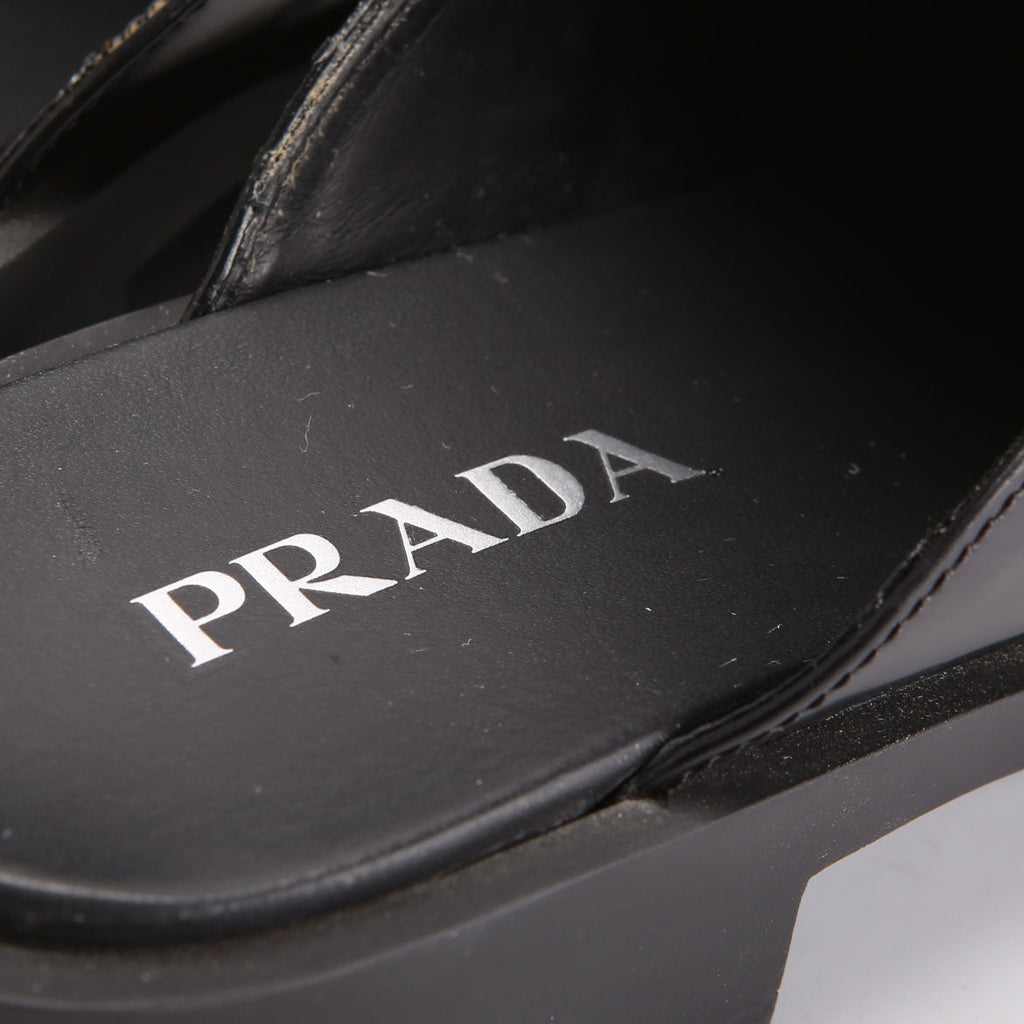 Prada Spazzolato Metal Triangle Logo 40MM Loafer Mules Size 39.5