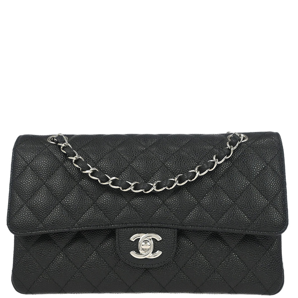 Chanel 2013-2014 Black Caviar Skin Medium Classic Double Flap Shoulder Bag