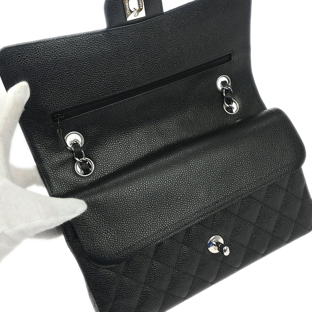 Chanel 2013-2014 Black Caviar Skin Medium Classic Double Flap Shoulder Bag