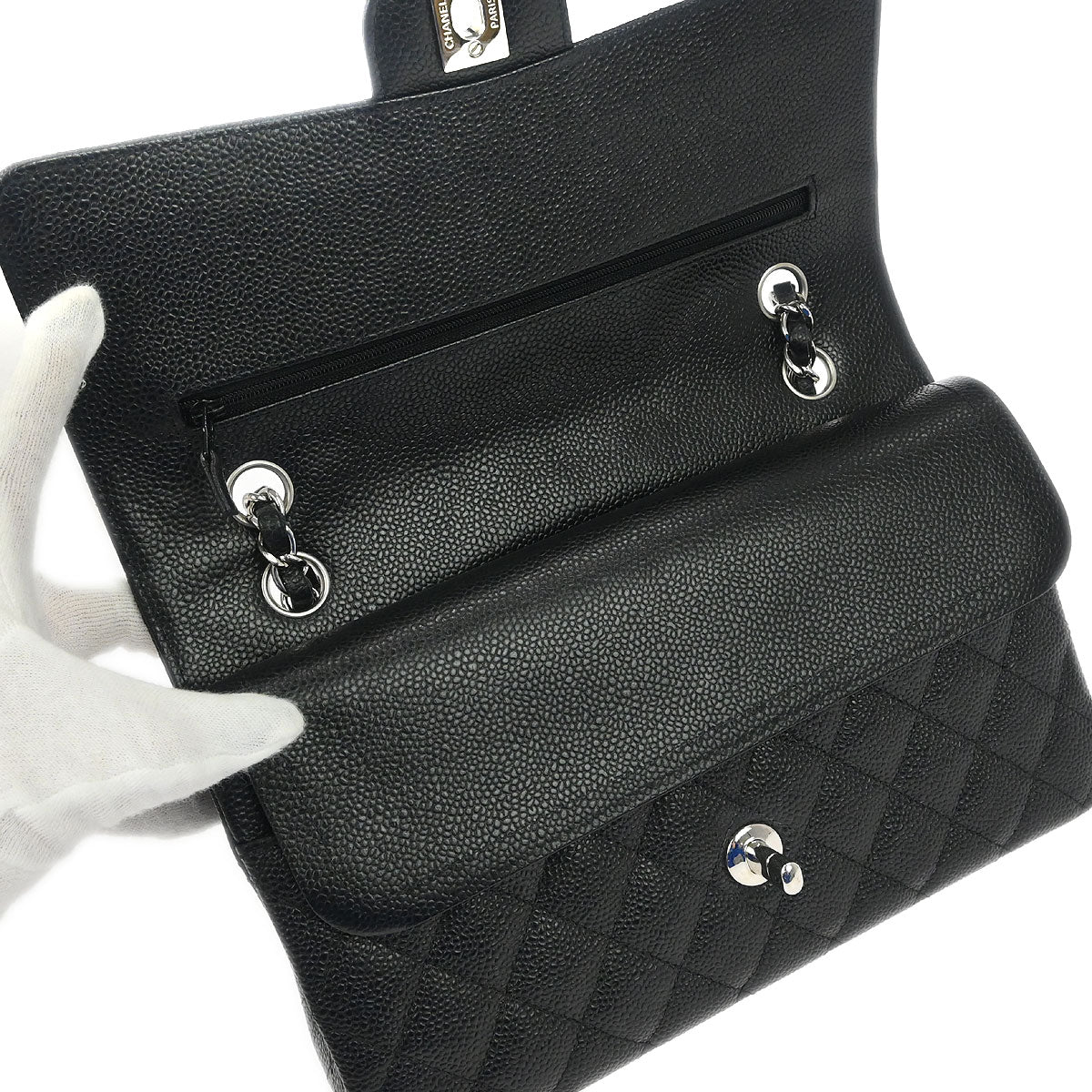 Chanel 2013-2014 Black Caviar Skin Medium Classic Double Flap Shoulder Bag