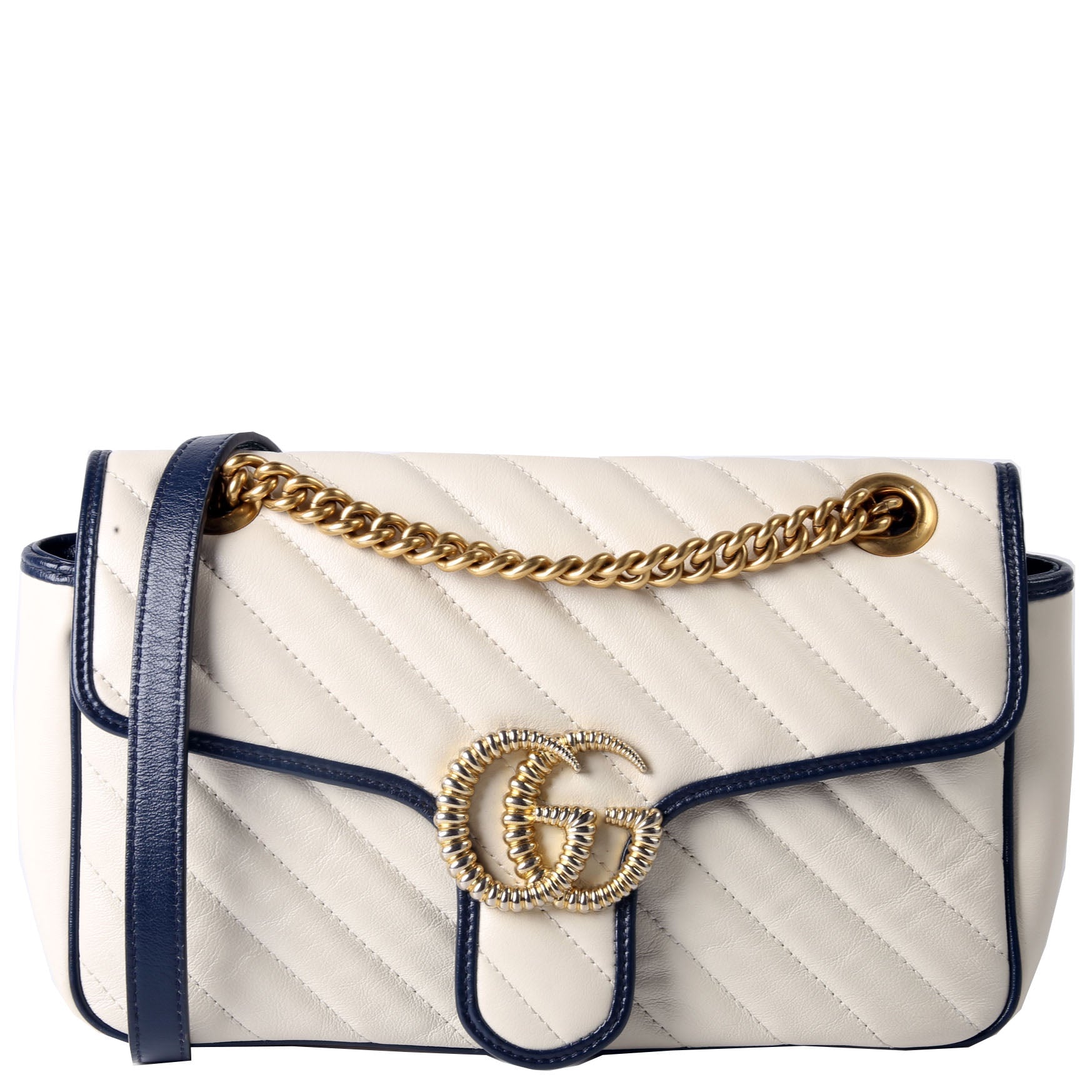 Gucci 443497 Marmont Torchon Shoulder Small Flap Ivory/Navy