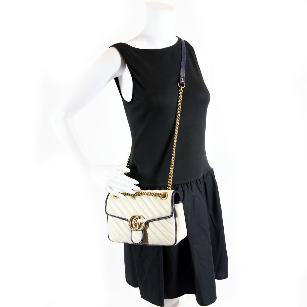 Gucci 443497 Marmont Torchon Shoulder Small Flap Ivory/Navy