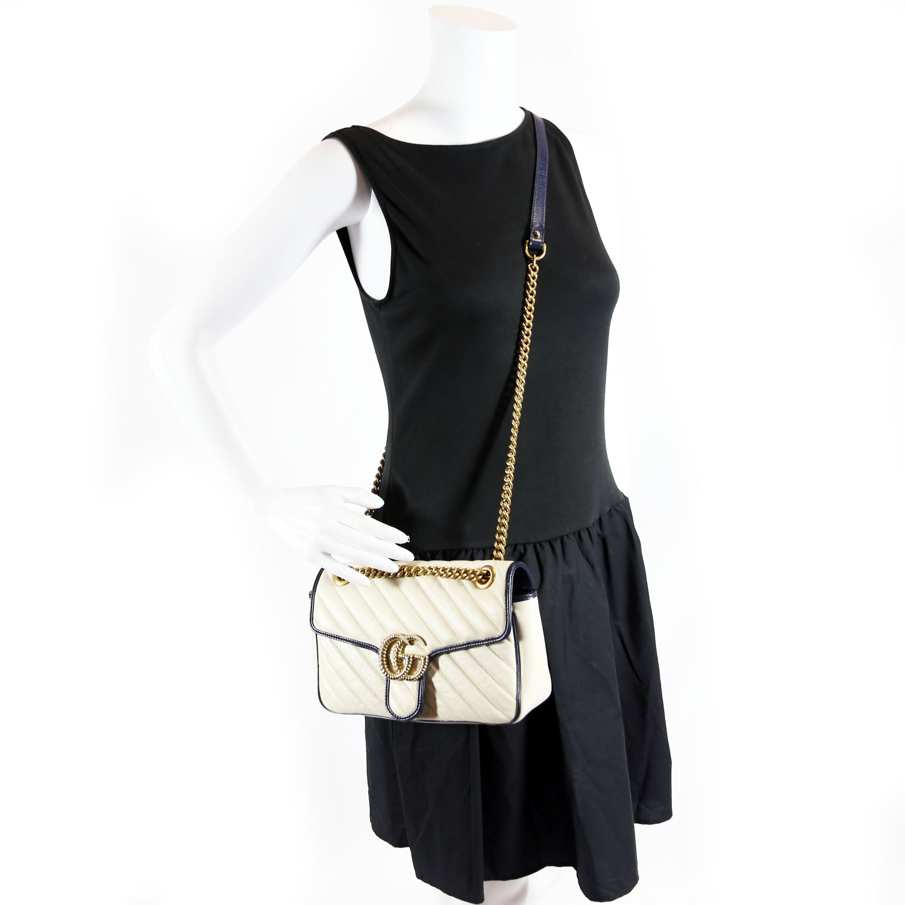 Gucci 443497 Marmont Torchon Shoulder Small Flap Ivory/Navy