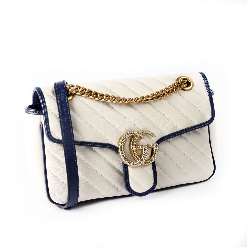 Gucci 443497 Marmont Torchon Shoulder Small Flap Ivory/Navy